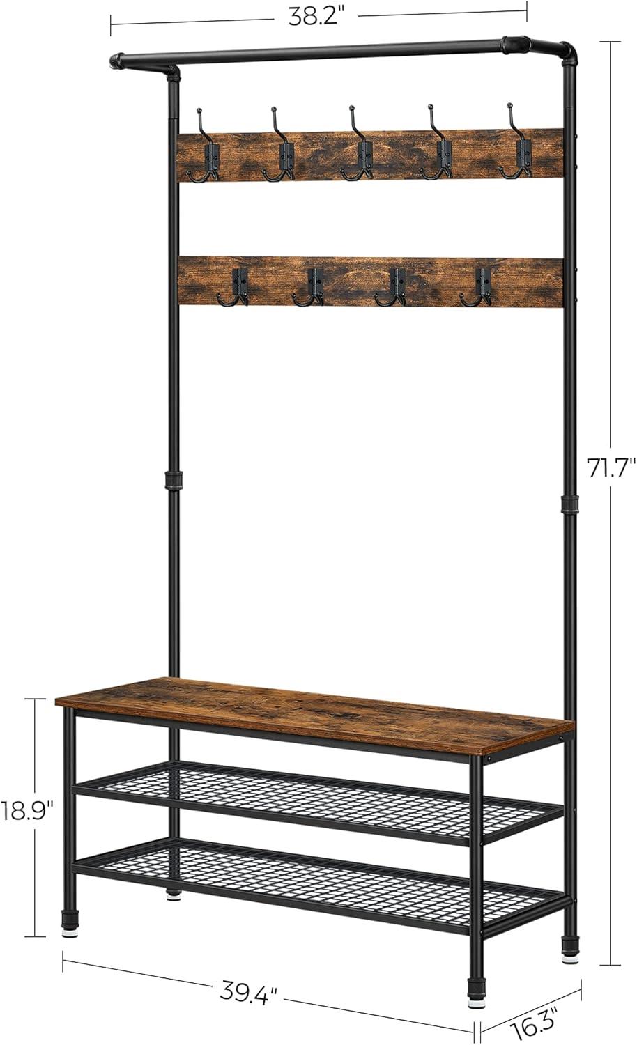 Industrial Coat Rack Stand, Shoe Rack Bench with Grid Memo Board, 9 Hooks and Storage Shelves, Hall Tree with Stable Metal Frame, Rustic Brown UHSR46BX