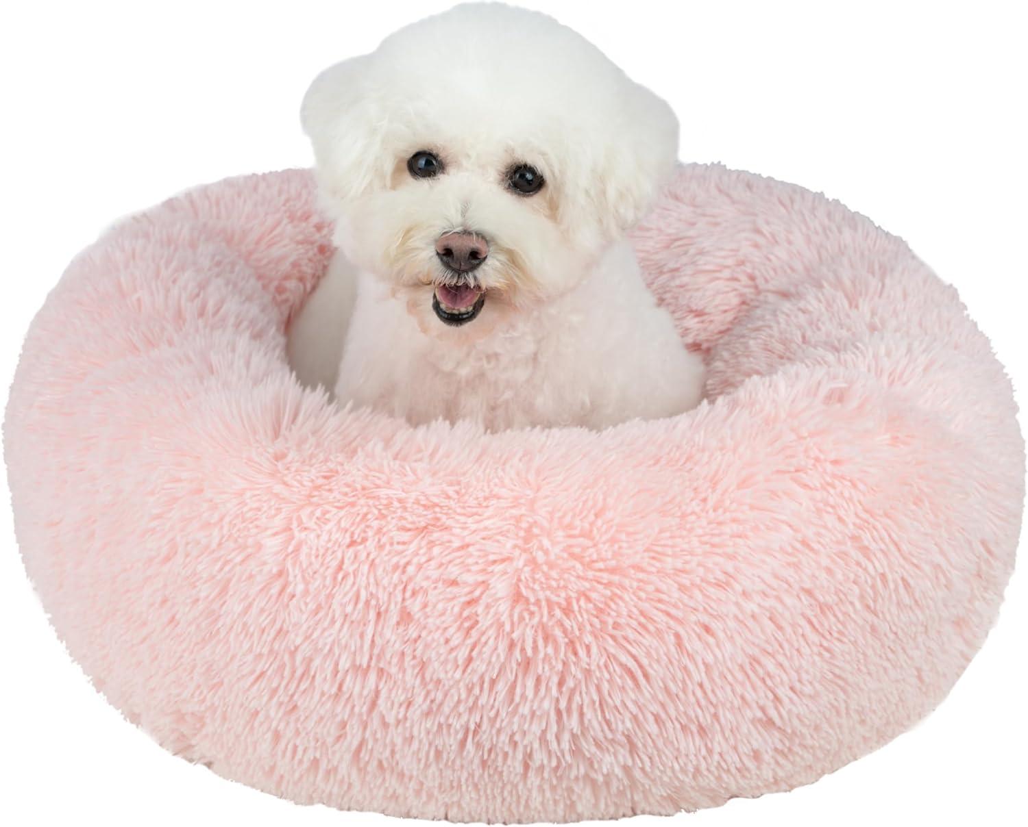 Donut Dog Bed with Faux Fur, Anti-Anxiety Cushion, Slip-Resistant