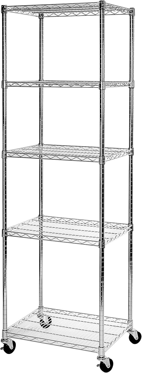 UltraDurable 5-Tier Chrome Steel Wire Shelving, 24"W x 18"D with Wheels