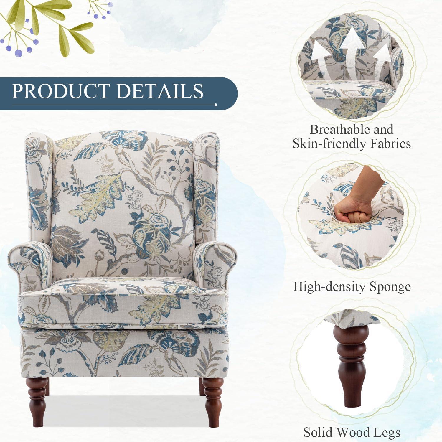 Blue Floral Upholstered Barrel Accent Chair with Wood Legs