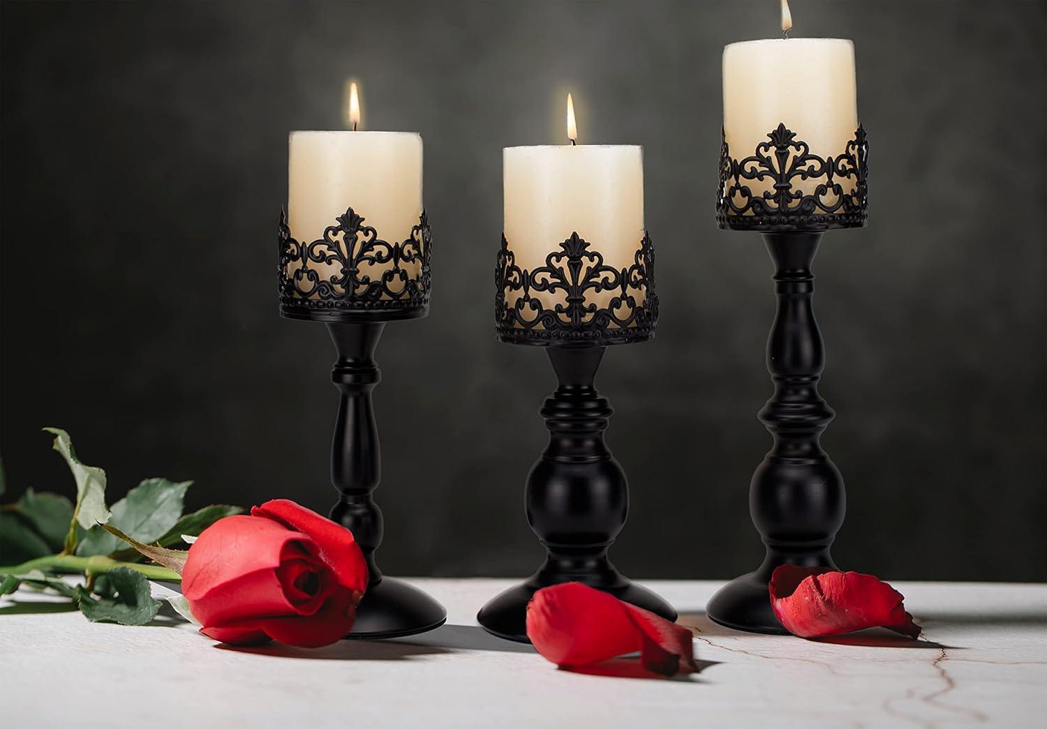Vintage Pillar Candle Holders for Table Centerpiece Set of 3-11'' 9'' 8'' - Matte Black Metal Candle Stands Decorative - Candle Centerpiece for Table Fireplace Decor - Gothic Candle Holder