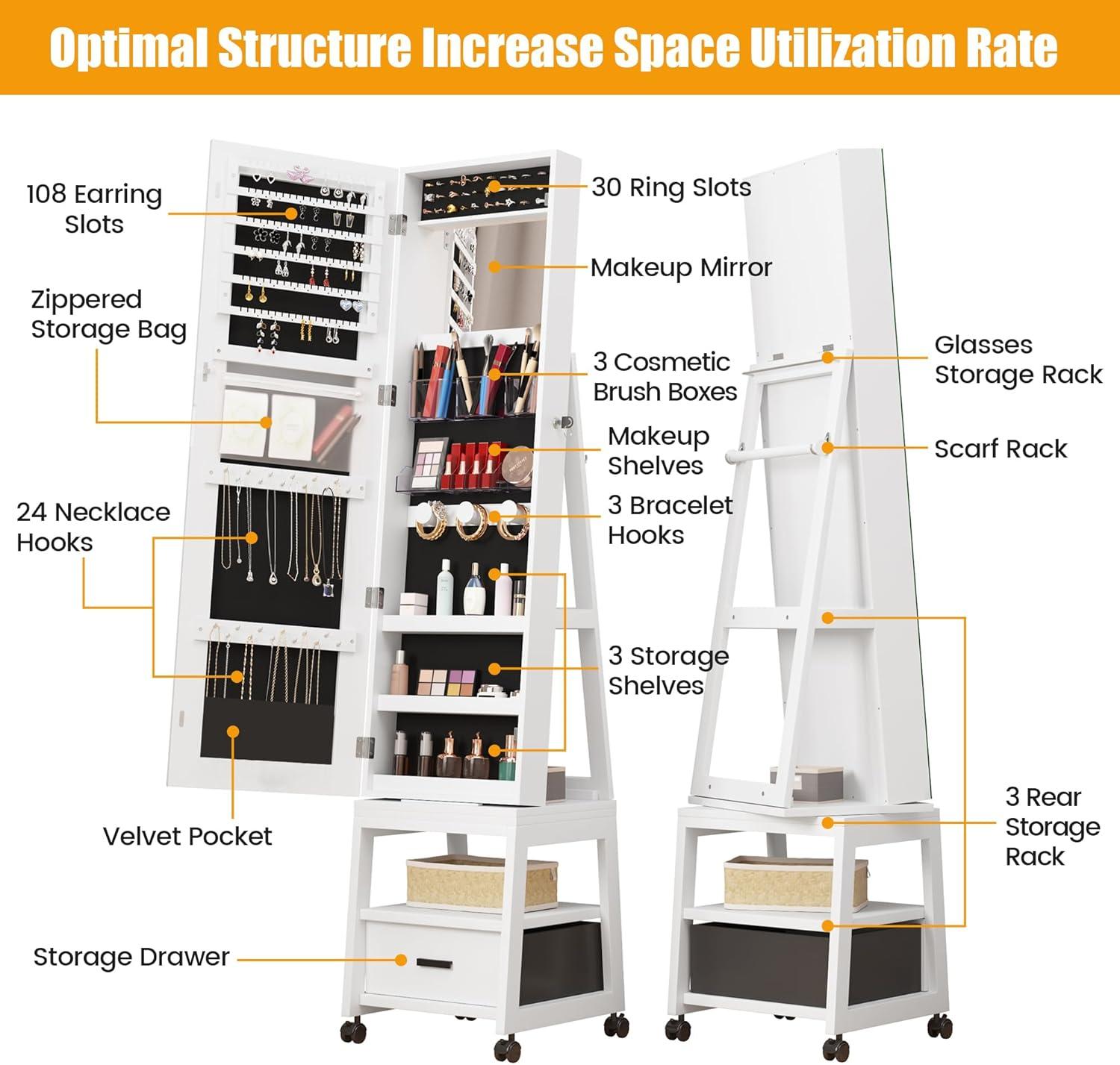 360° Swivel Jewelry Armoire, Floor Standing Locking with Full Length Mirror, Inside Makeup Mirror, Bottom Drawer, Rear Storage Shelves, Danolapsi 360°Swivel Jewelry Armoire