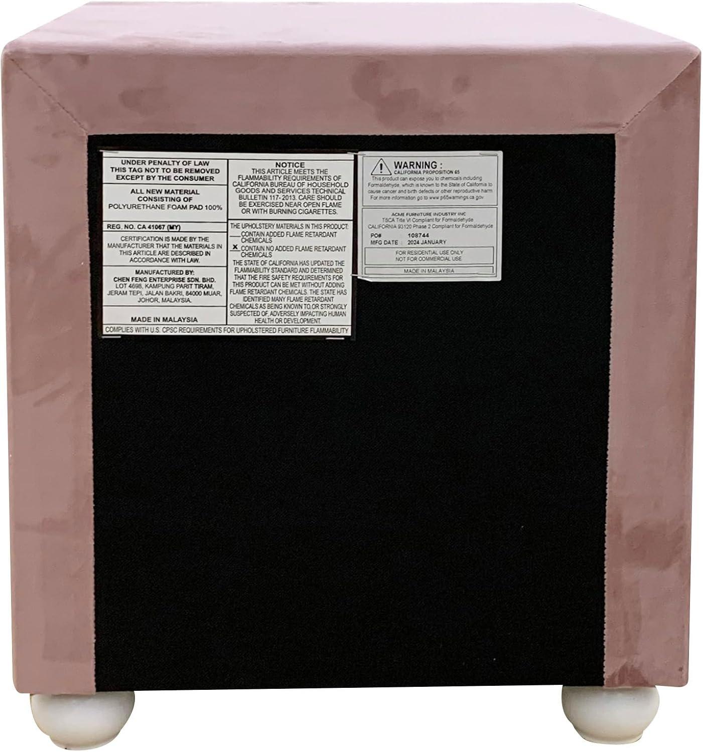 17" Reggie Nightstand Pink Fabric - Acme Furniture: Crystal-like Detail, Wood Bun Legs, Safety Stop Drawer