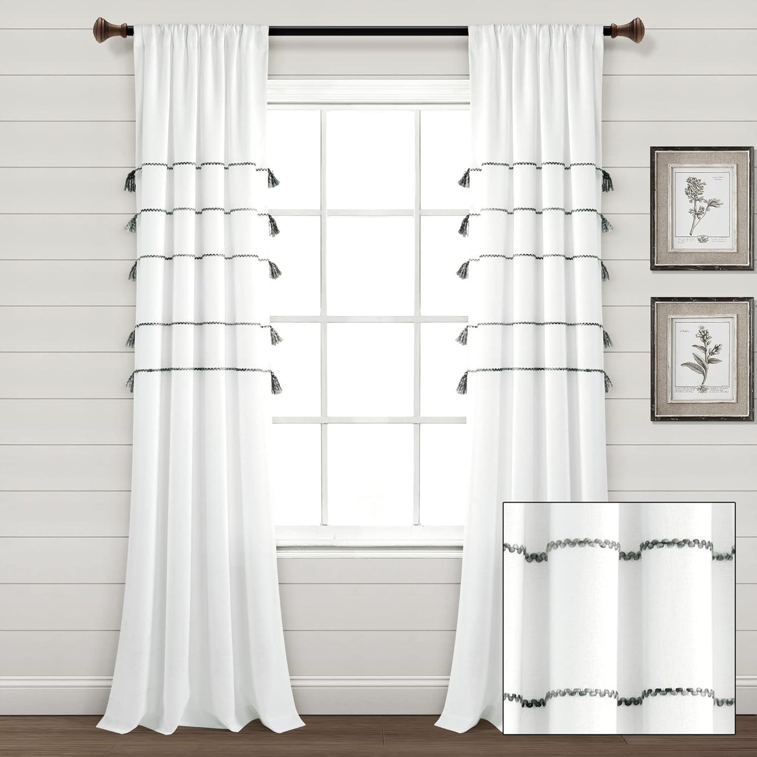 Home Boutique Farmhouse Boho Stripe Woven Tassel Yarn Dyed Cotton Window Curtain Panels Gray Ombre 42X84 Set