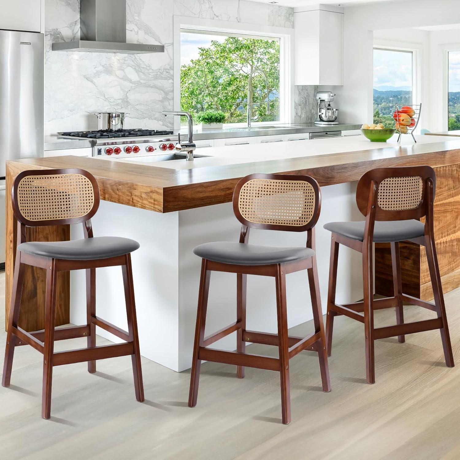 Lucky Monet 25.2" Upholstered Wood Counter Height Bar Stools w/ Rattan Back - 36.81"H x 17.72"W x 18.7"D Set of 3 - White Boucle Fabric/ Natural Frame