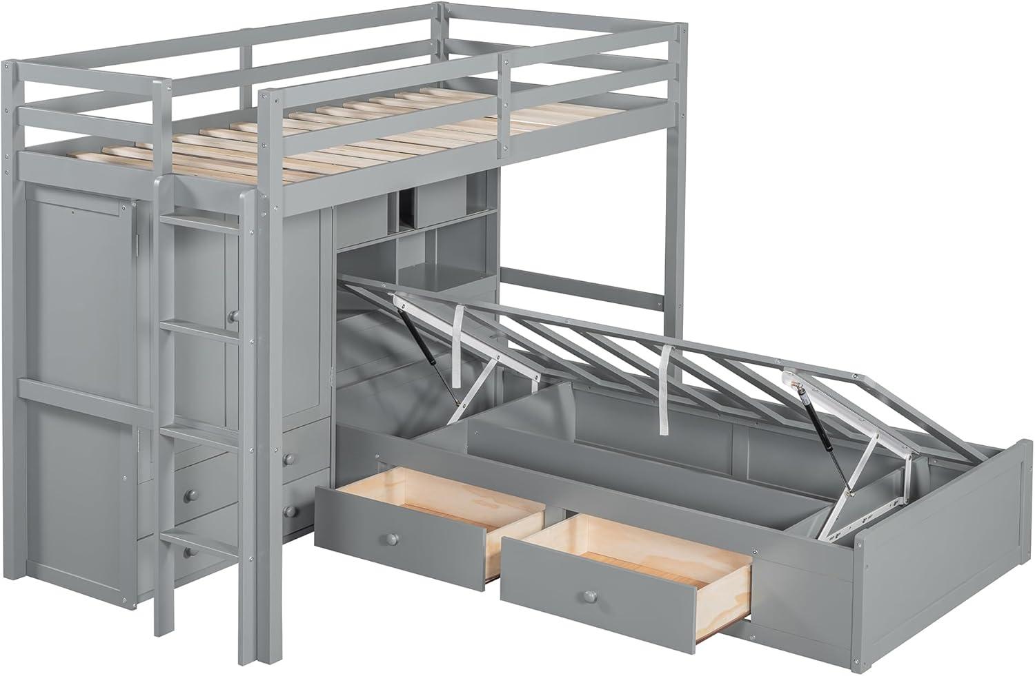 yuanhuan Twin Bunk Bed With Drawers, Wardrobe, Storage Shelves And Hydraulic Bed
