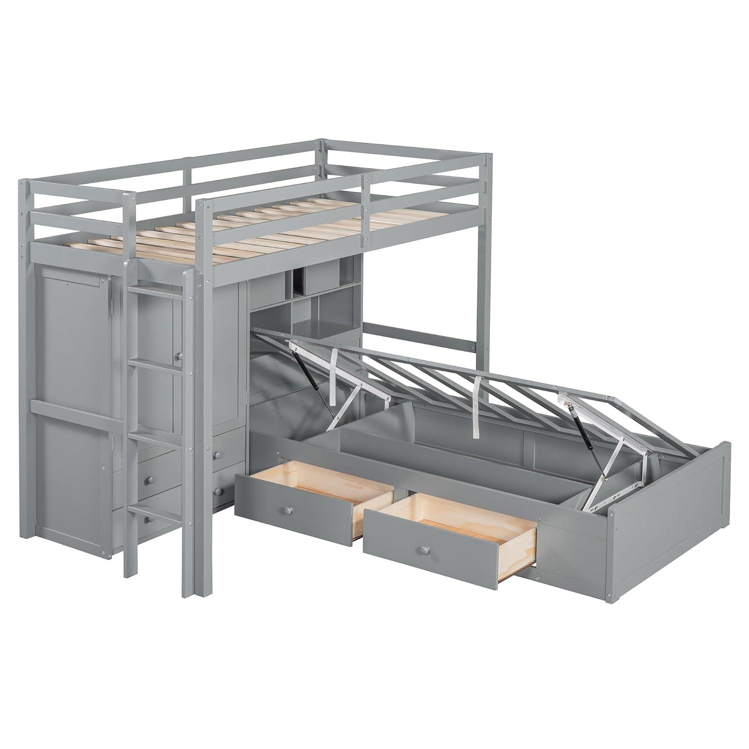 yuanhuan Twin Bunk Bed With Drawers, Wardrobe, Storage Shelves And Hydraulic Bed