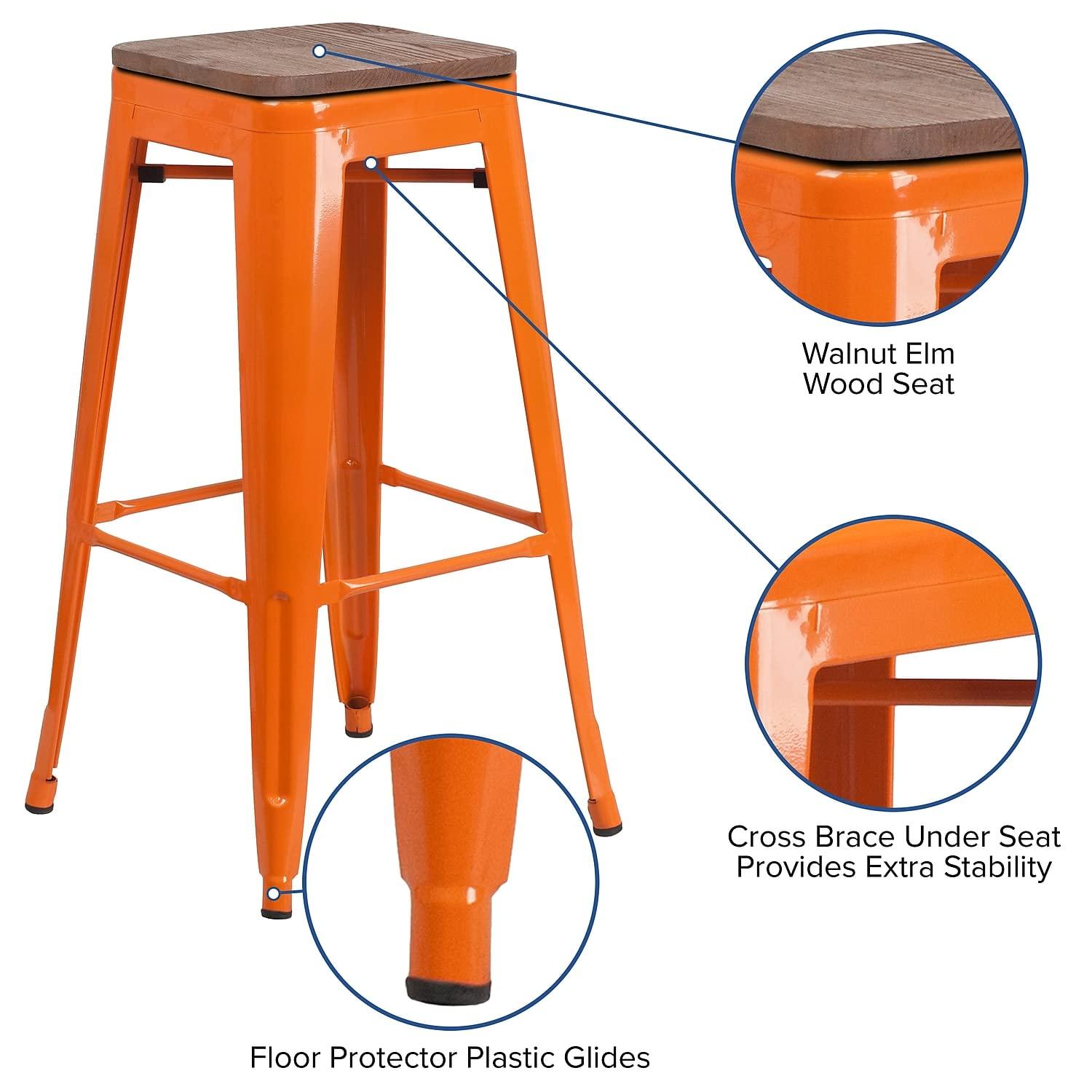 Flash Furniture Margherite 30" High Backless Metal Barstool with Square Wood Seat