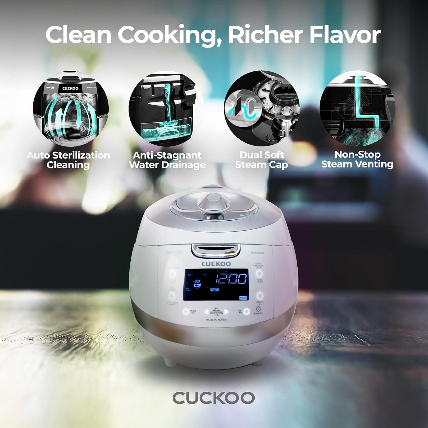 Cuckoo Electronics CUCKOO 6-Cup Induction Heating Pressure Rice Cooker with Nonstick Inner Pot, 16 Menu Modes, Fuzzy Logic Tech, 3 Voice Guide, Auto Clean (White) CRP-BHSS0609F