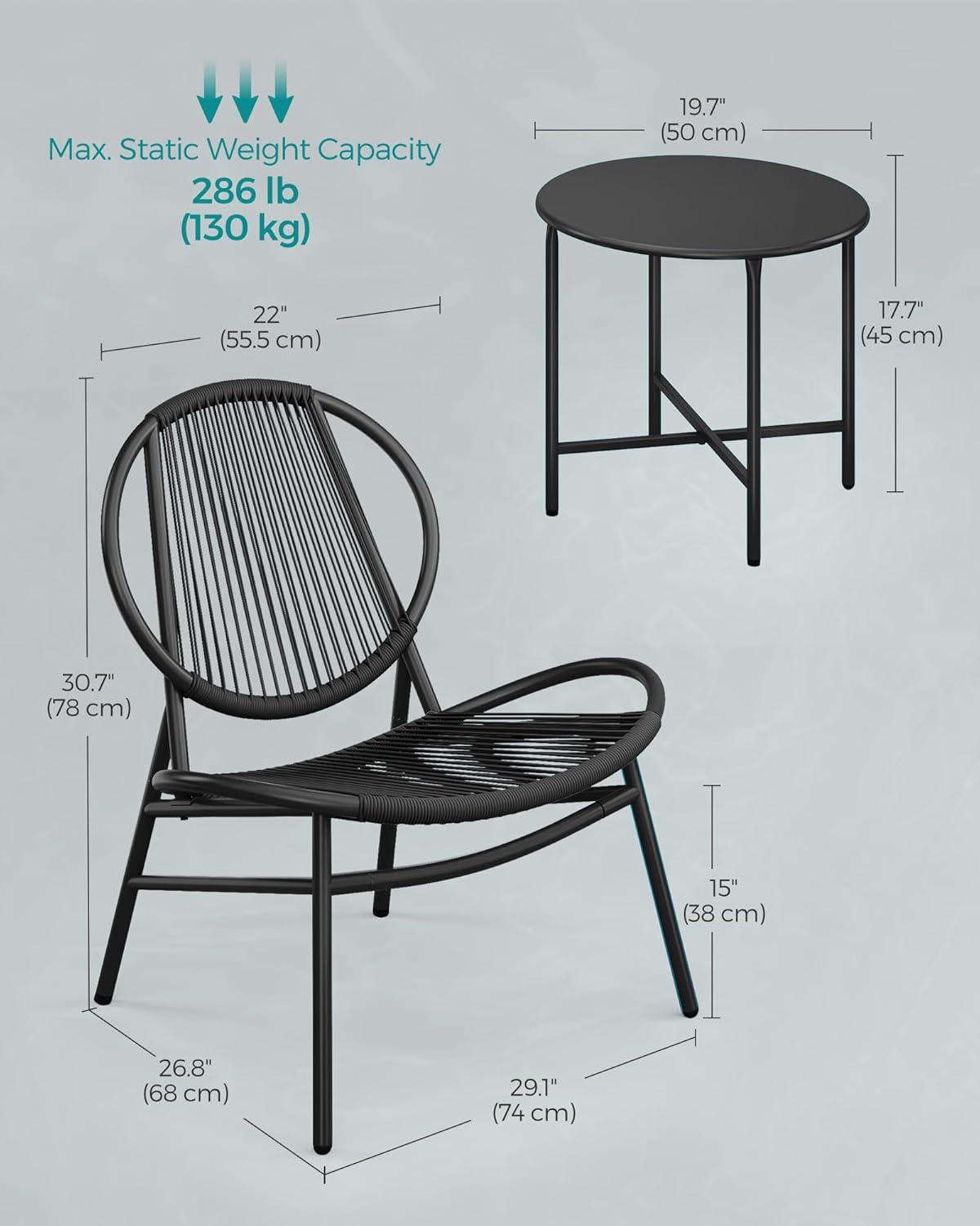Patio Furniture Bistro Set Adult 3 Metal Acapulco Chairs with Side Table, Ink Black