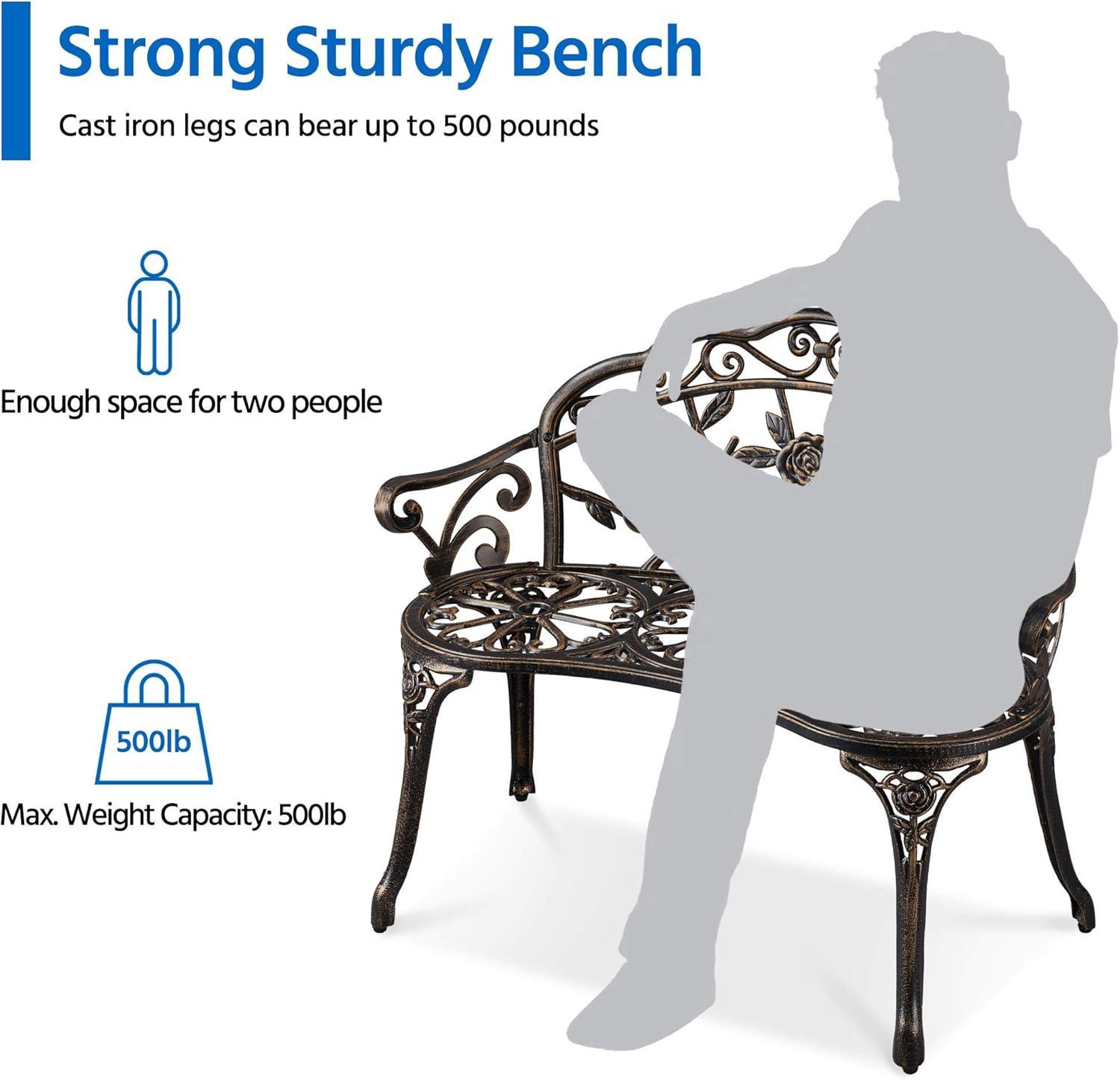 QSHIMY Patio Garden Bench Park Metal Rose Outdoor Benches, Aluminium Vintage Antique Furniture Chair Outside Benches Weather Proof Bench for Outdoor Porch, Lawn, Balcony, Backyard, Bronze