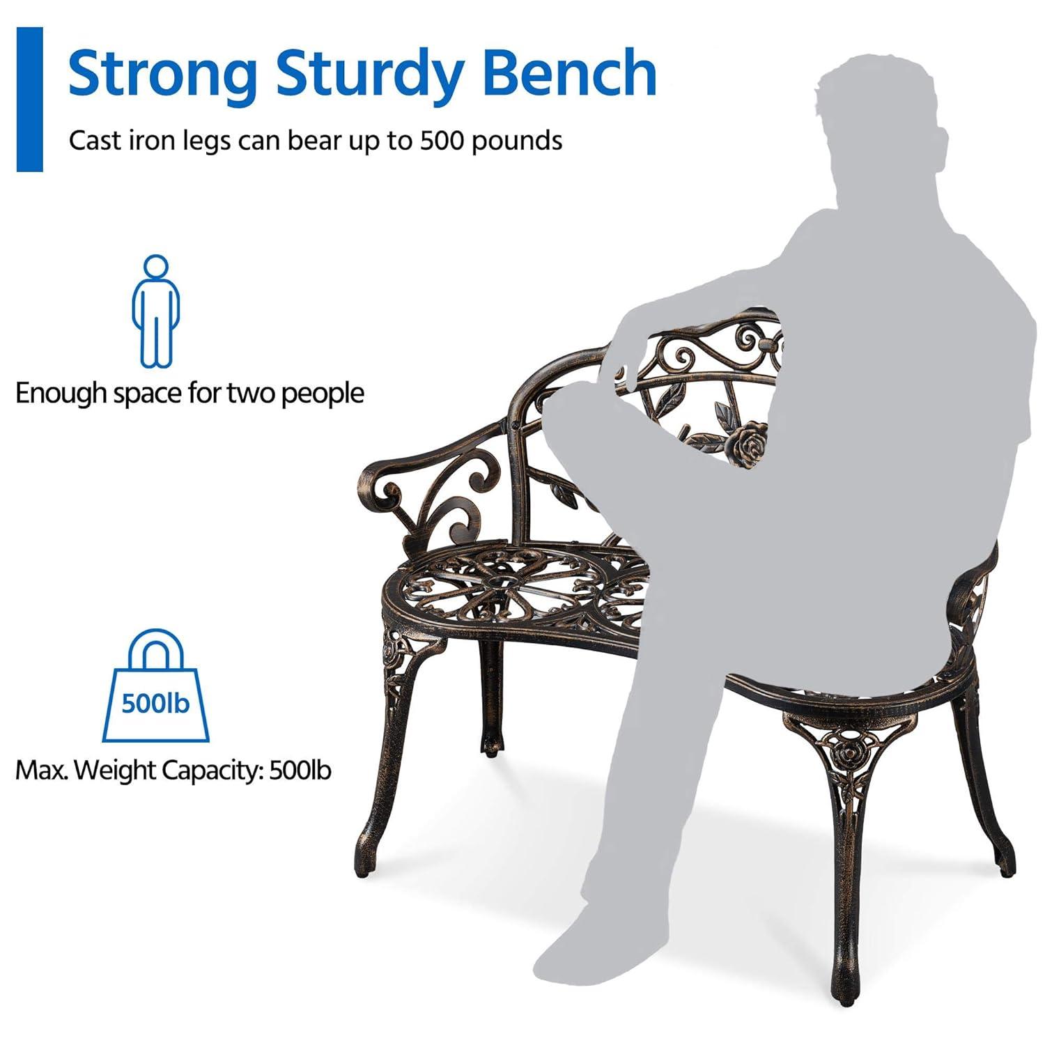 QSHIMY Patio Garden Bench Park Metal Rose Outdoor Benches, Aluminium Vintage Antique Furniture Chair Outside Benches Weather Proof Bench for Outdoor Porch, Lawn, Balcony, Backyard, Bronze