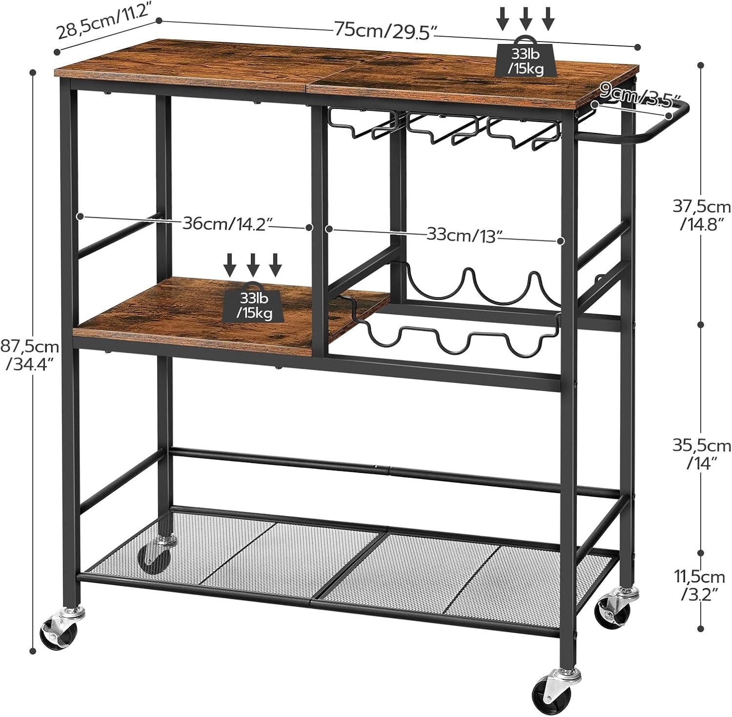 HOOBRO Bar Cart for The Home, 29.5 inches 3-Tier Serving Cart with Wheels, Rolling Kitchen Cart with Wine Rack and Glass Holder for Living Room, Party, Bar, Rustic Brown and Black BF21TC01G1