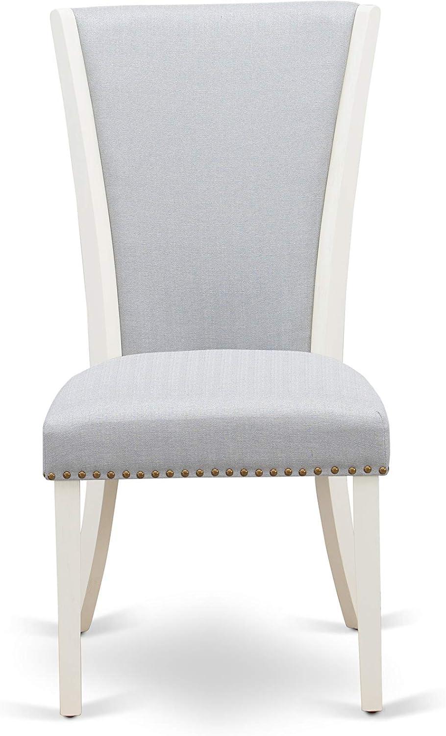 Verona Linen White Wood Frame Upholstered Chair with Gray Linen Fabric Seat with Nail Head & Stylish Back - Set of 2