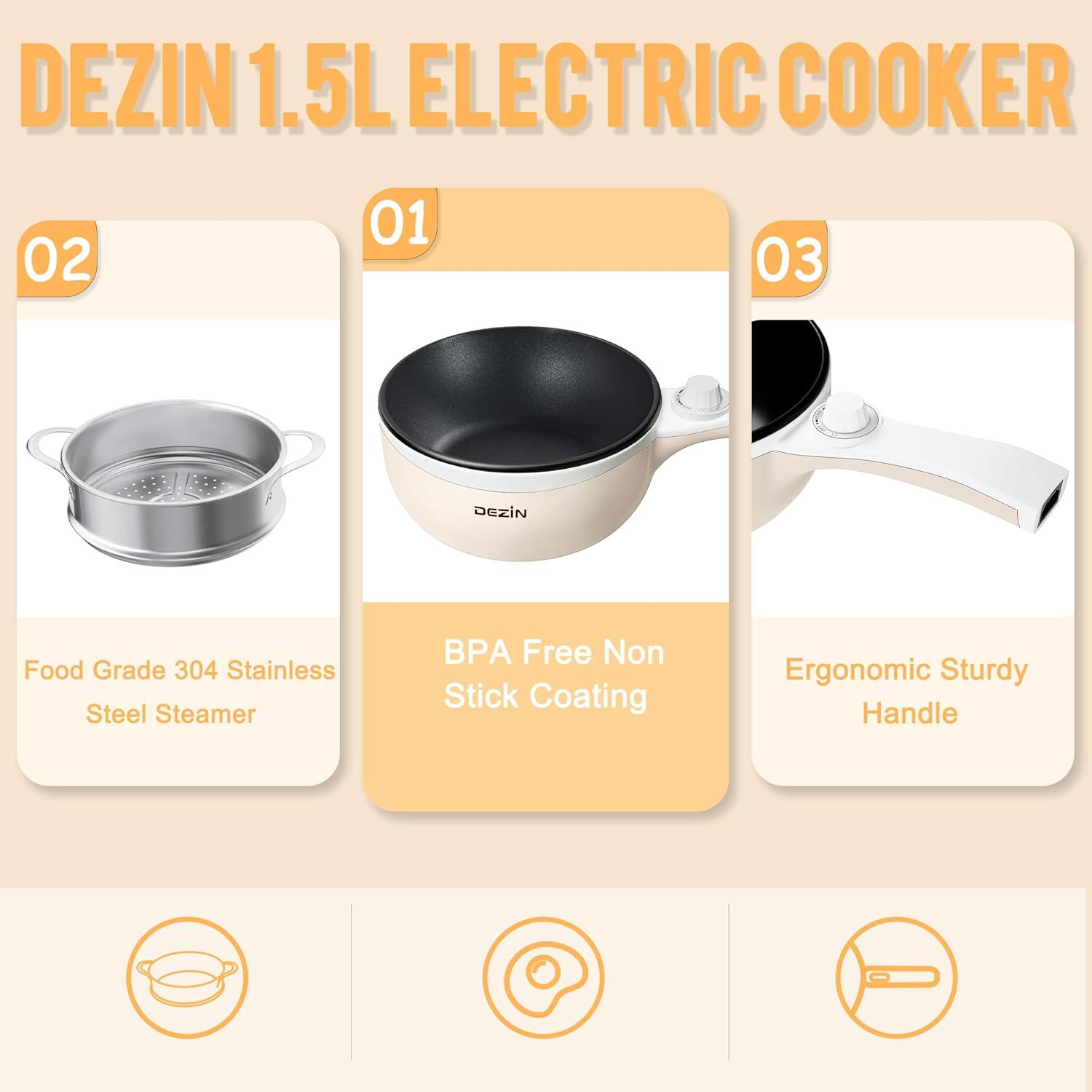 Dezin Electric Hot Pot Upgraded, Non-Stick Sauté Pan, Rapid Noodles Cooker, 1.5L Mini Pot for Steak, Egg, Fried Rice, Ramen, Oatmeal, Soup with Temperature Control, Beige (Egg Rack Included)