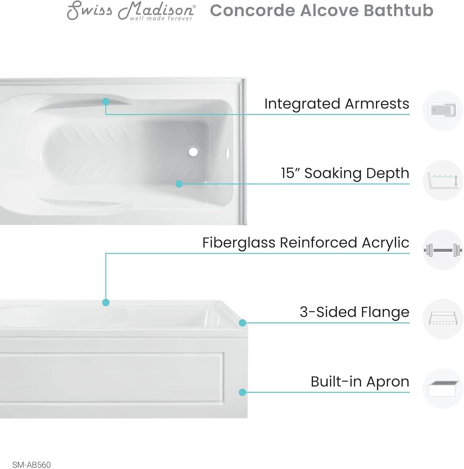 Concorde 60" x 32" Acrylic Glossy White, Alcove, Integral, Apron Bathtub