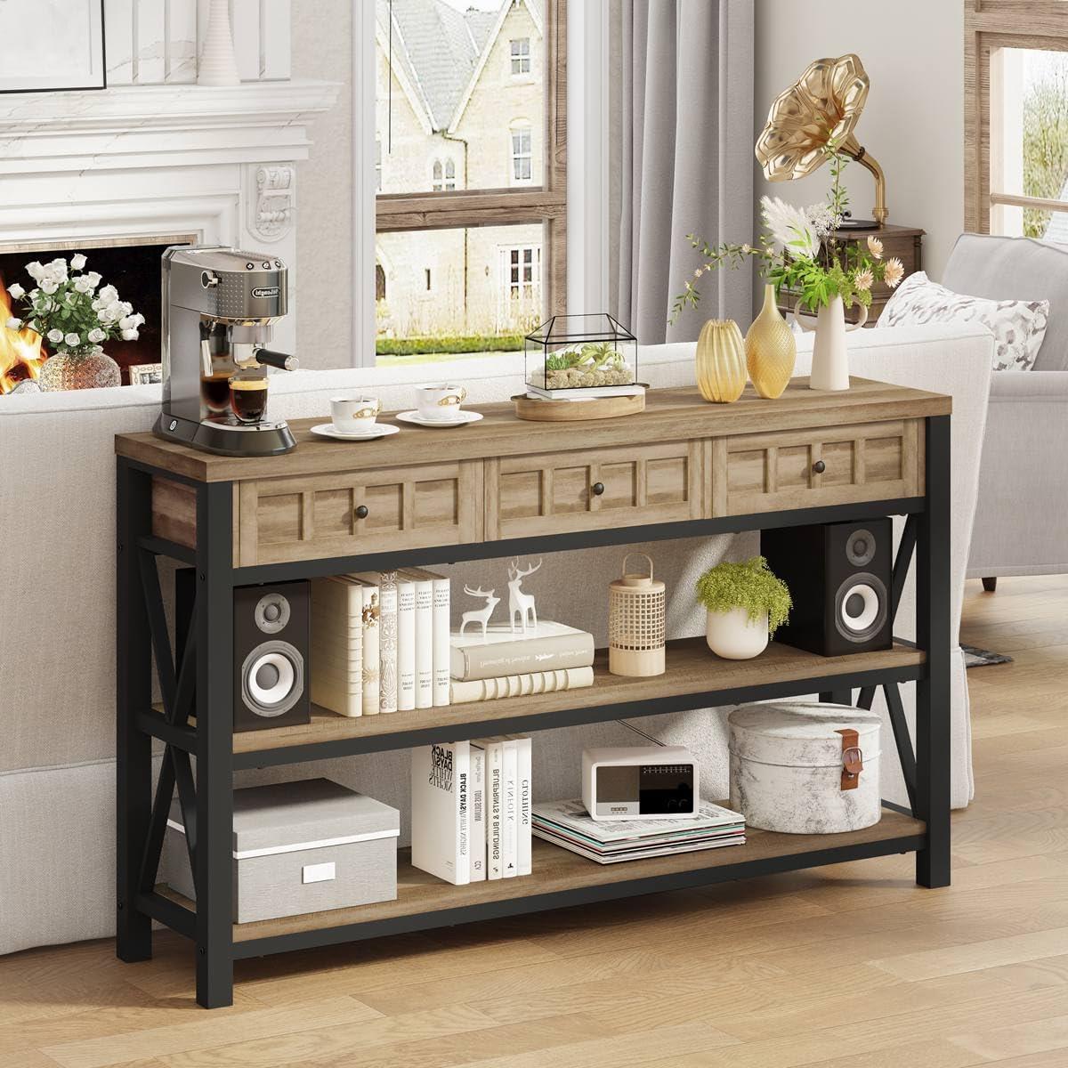 Industrial Rustic Oak Wood and Metal Console Table with Storage