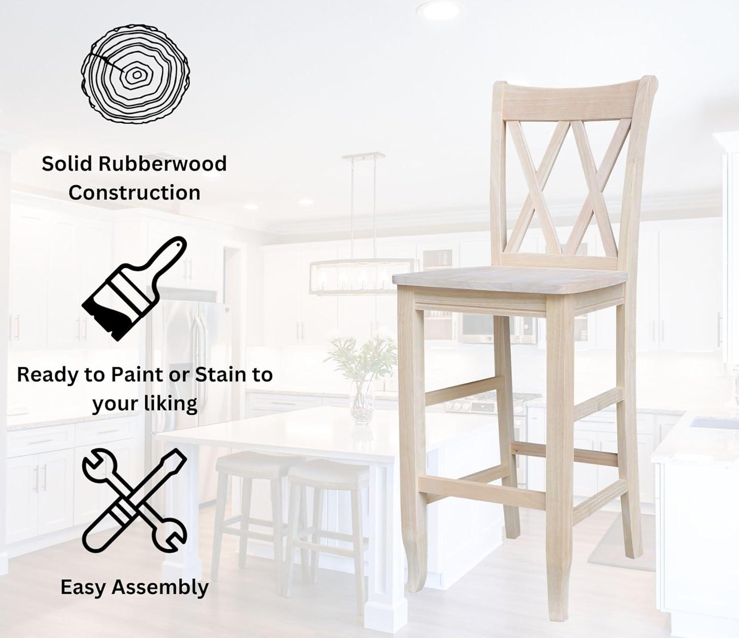 30" Double X-Back Counter Height Barstool Unfinished - International Concepts: Solid Wood, Armless