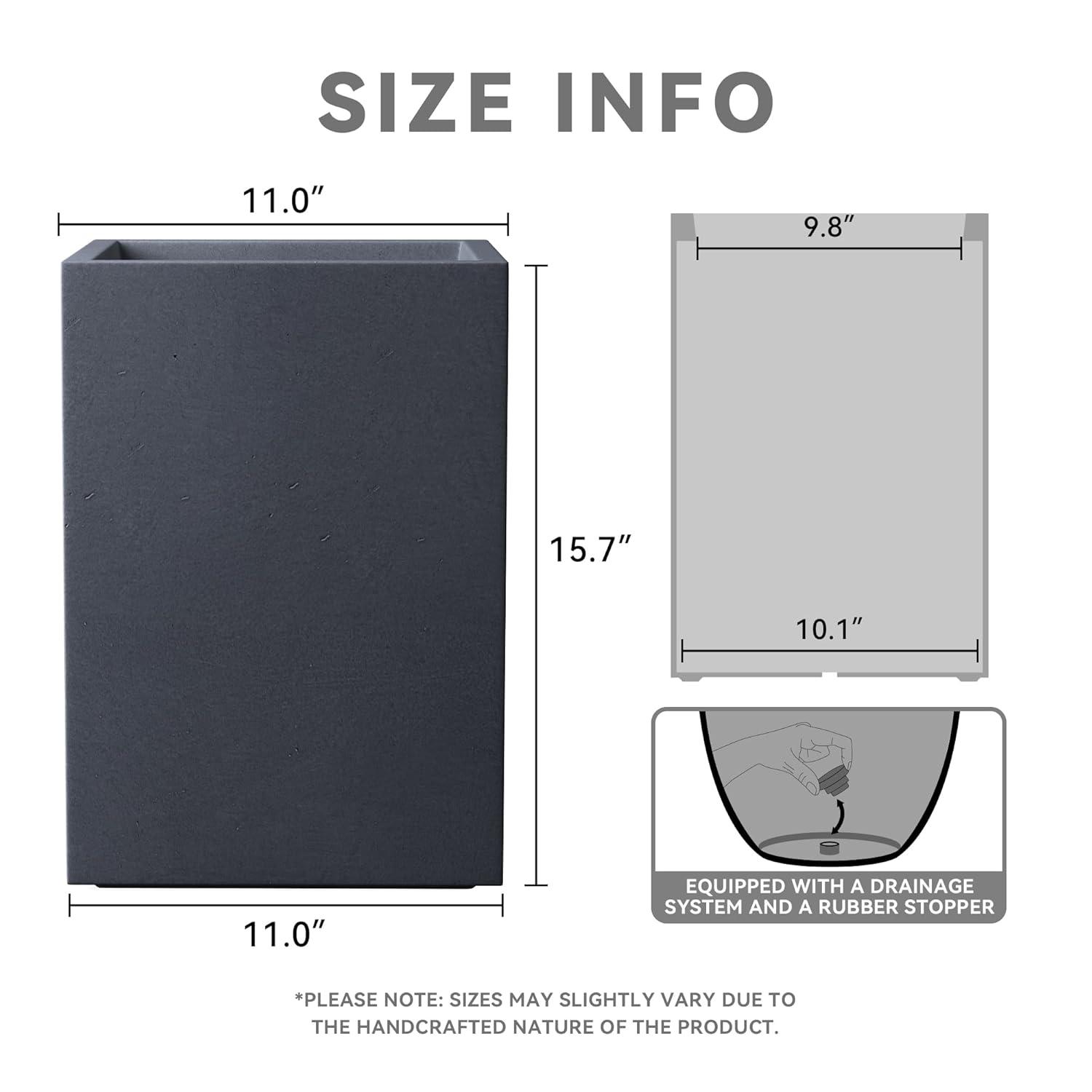 Kante 16"H Charcoal Finish Concrete Tall Square Planter, Outdoor/Indoor Lightweight Planters Pots with Drainage Hole