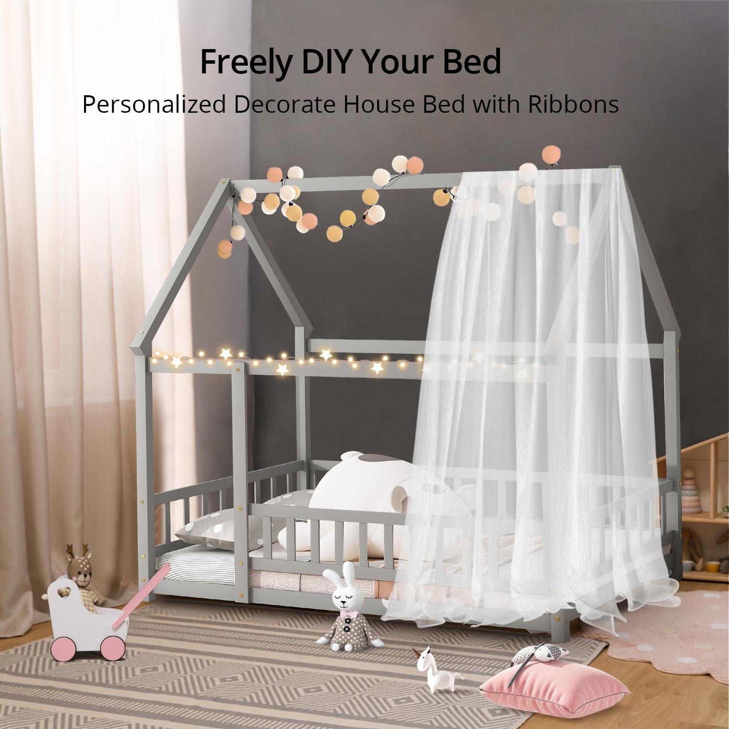 Twin Floor Bed for Kids, Wooden House Bed Frame with Roof, Fence Guardrails, Montessori Bed for Toddlers Girls Boys, Gray
