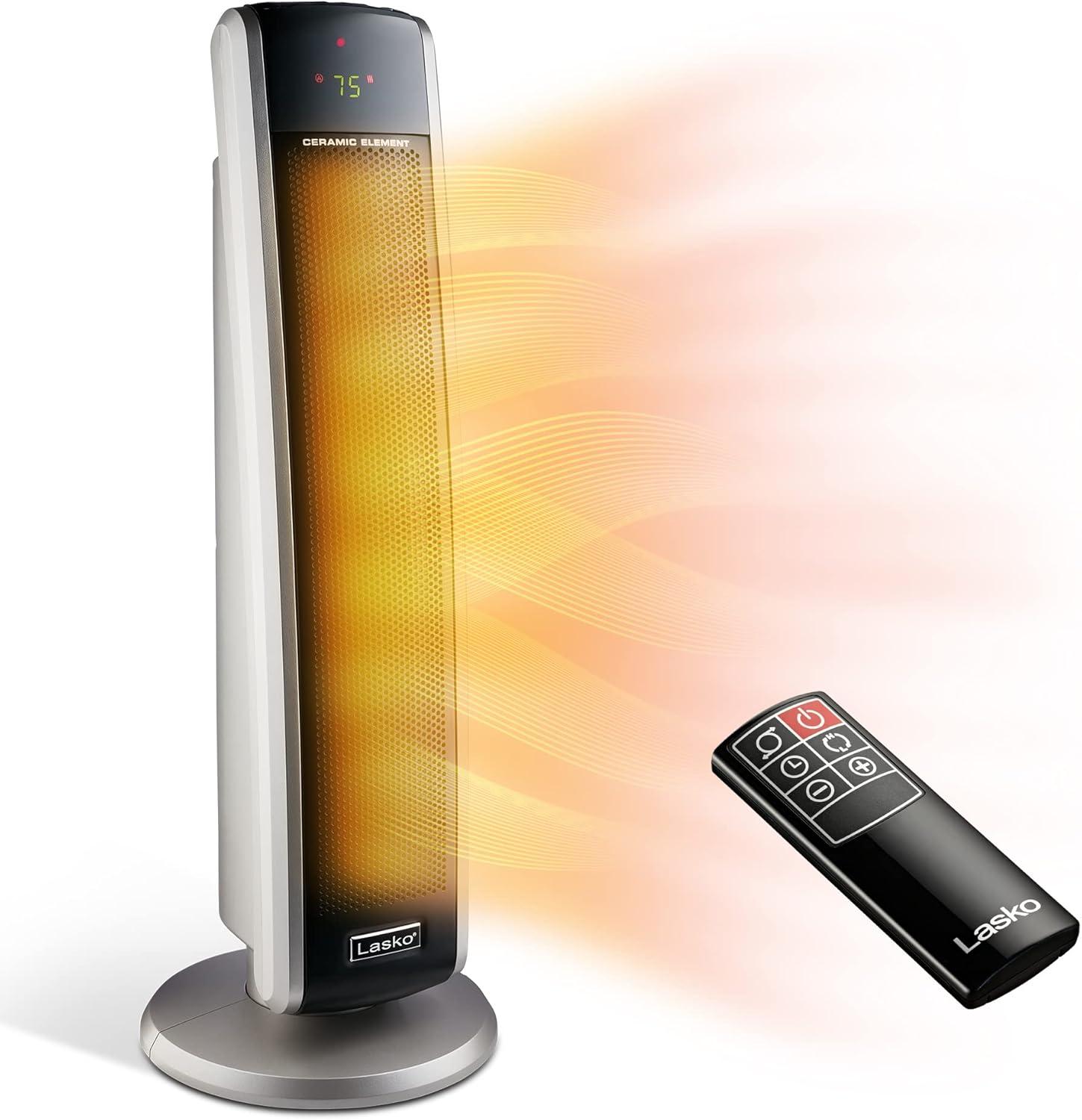 Silver Ceramic Electric Tower Heater with Thermostat and Remote Control