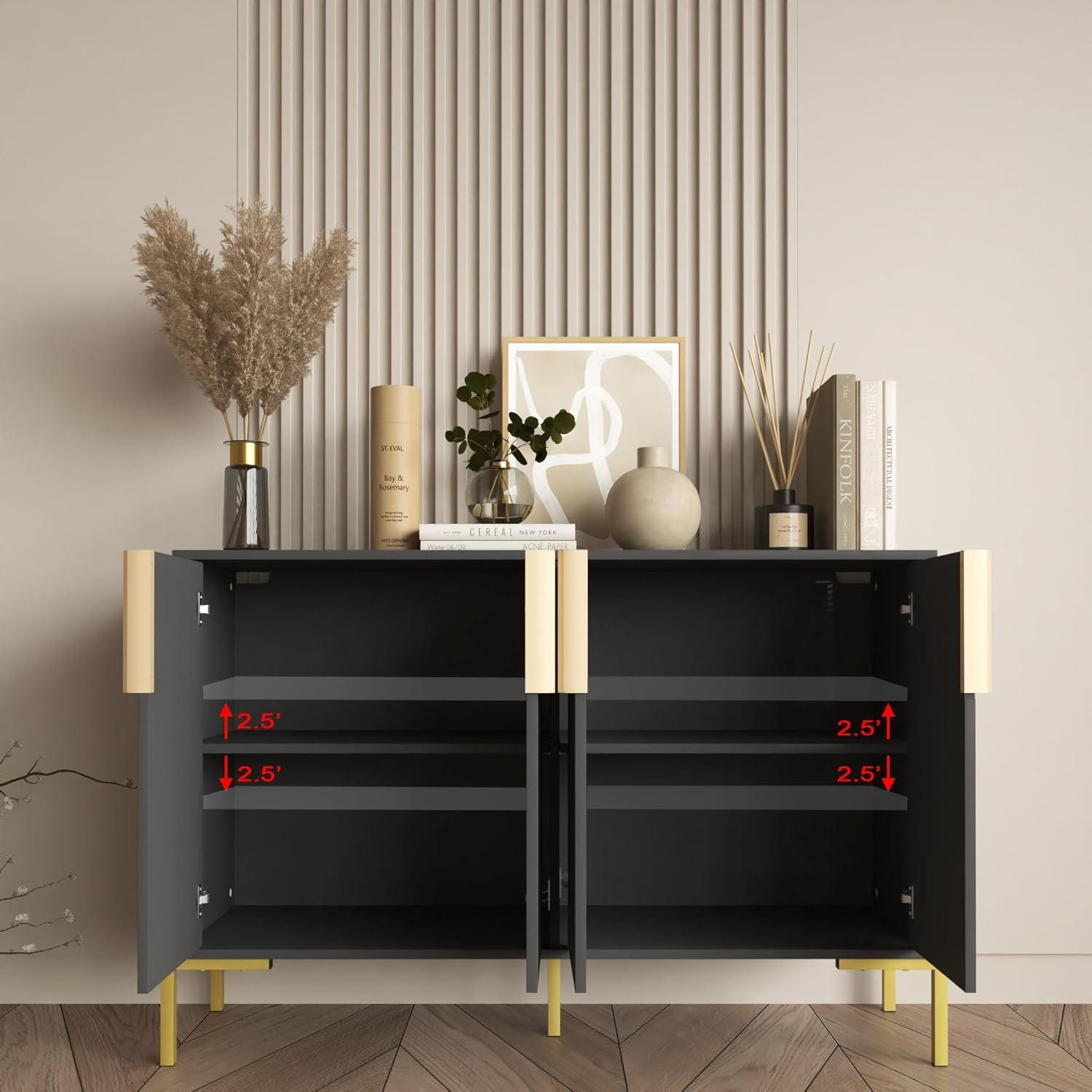 4 Doors Sideboard Buffet Cabinet with Adjustable Shelves,Modern Accent Sideboard with Golden Legs,Wide Storage Cabinet for Kitchen,Living Room,Black