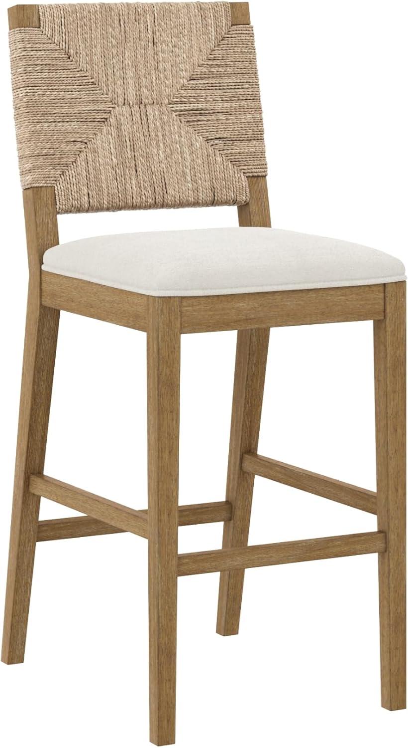 Cream Boucle and Seagrass Bar Stools with Light Brown Wood Frame, Set of 3