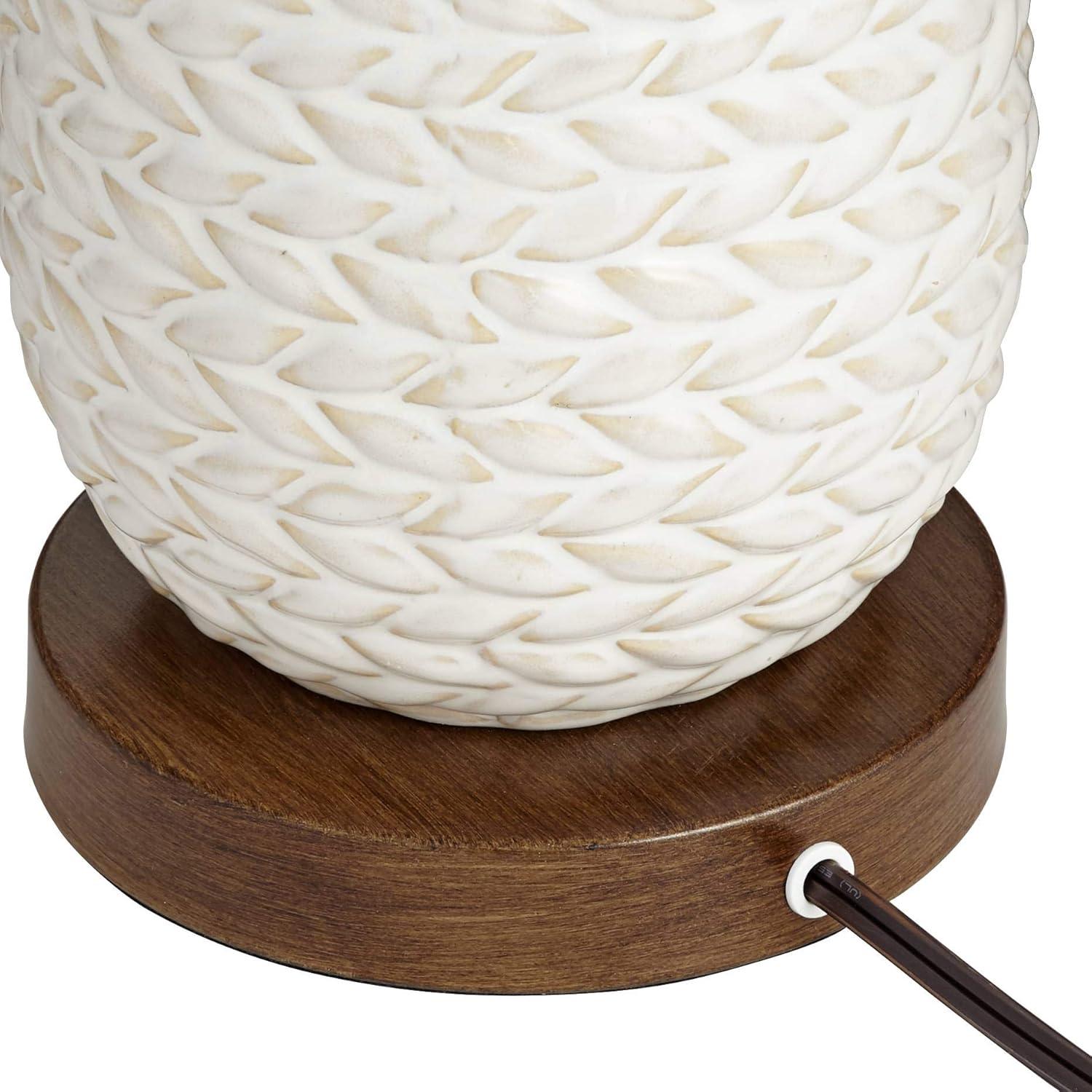 Possini Euro Design Kingston Modern Mid Century Table Lamp 32 3/4" Tall White Grooved Patterned Ceramic Taupe Drum Shade for Bedroom Living Room House