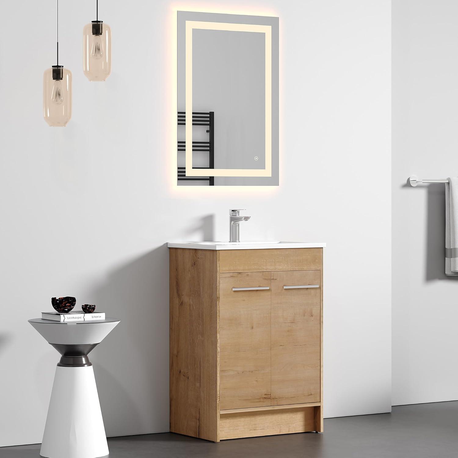 Natural Oak Freestanding Bathroom Vanity with Ceramic Sink, 24 Inch