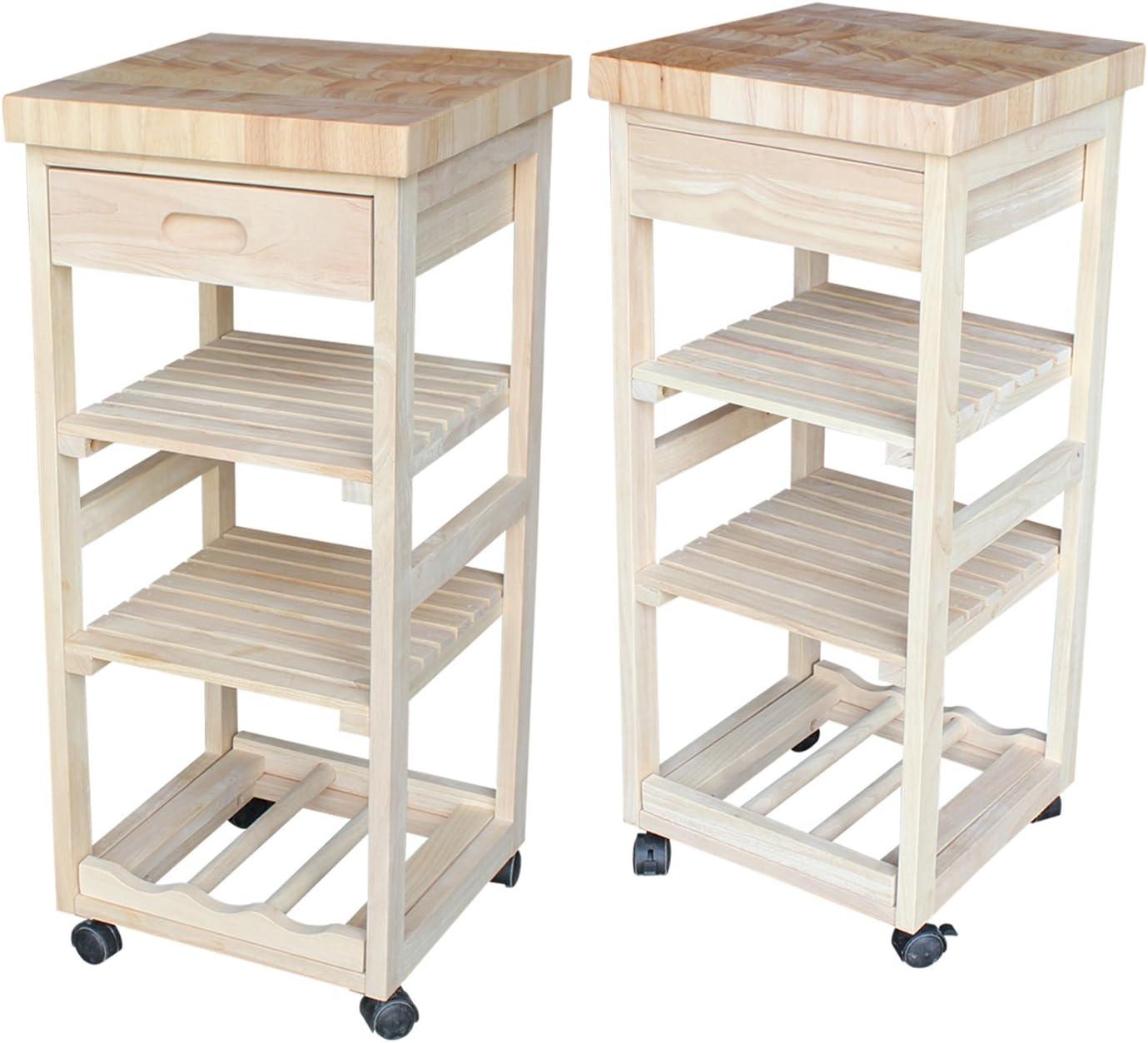 Solid Wood Unfinished Butcher Block Kitchen Cart with Wine Storage