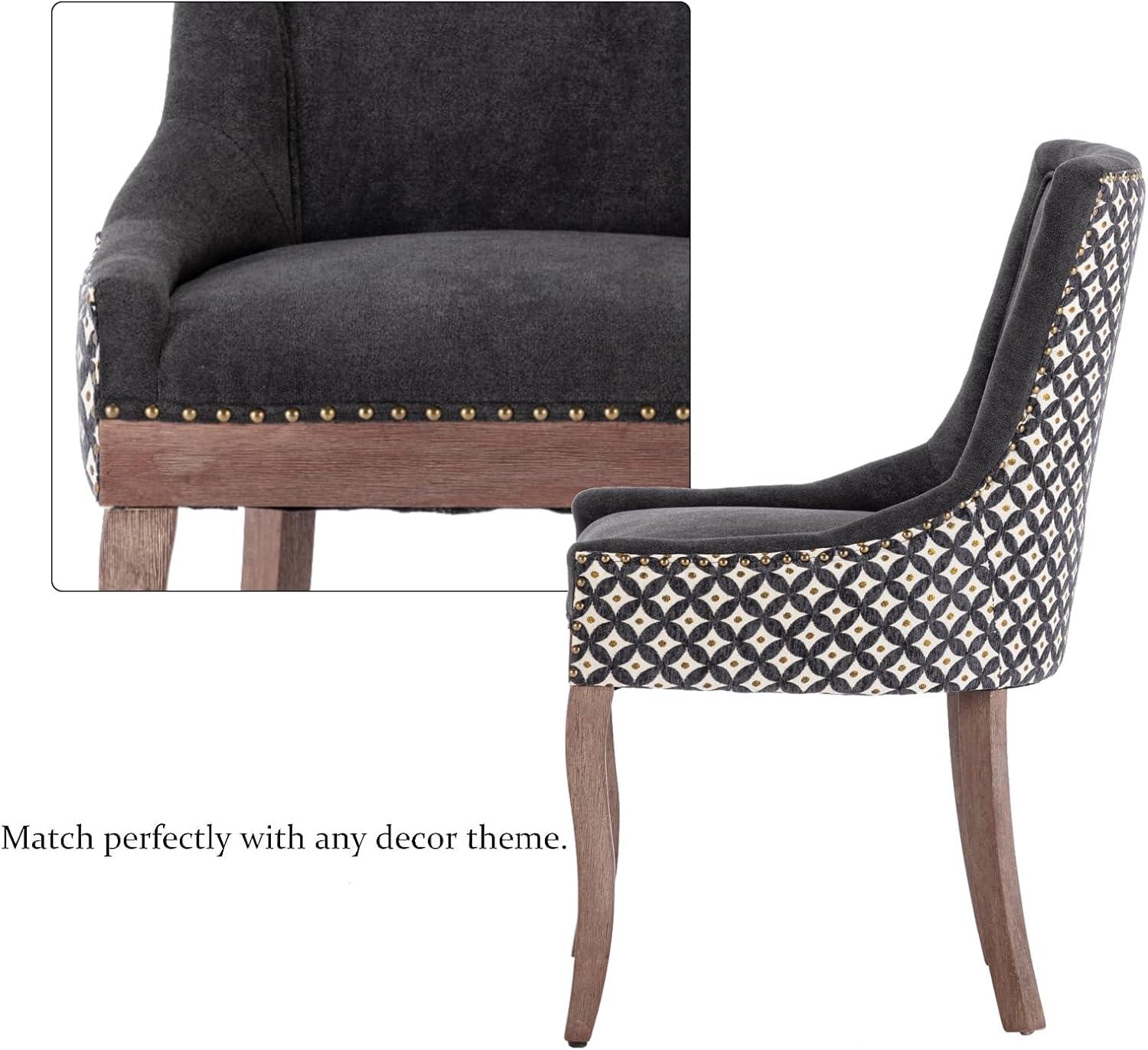 Upholstered Dining Chairs Set of 2, Solid Wood Kitchen Dining Room Chairs with Thicken Padded and Nailhead Trim for Home Kitchen Bedroom Black and Patterned