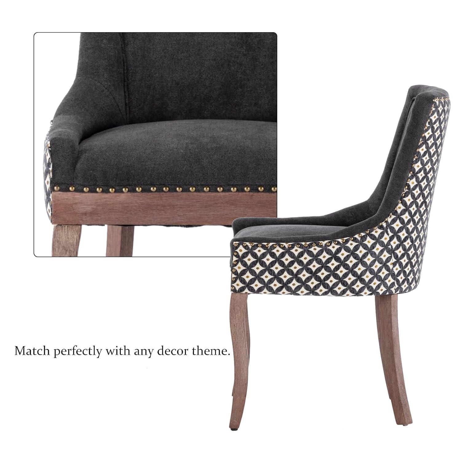 Upholstered Dining Chairs Set of 2, Solid Wood Kitchen Dining Room Chairs with Thicken Padded and Nailhead Trim for Home Kitchen Bedroom Black and Patterned