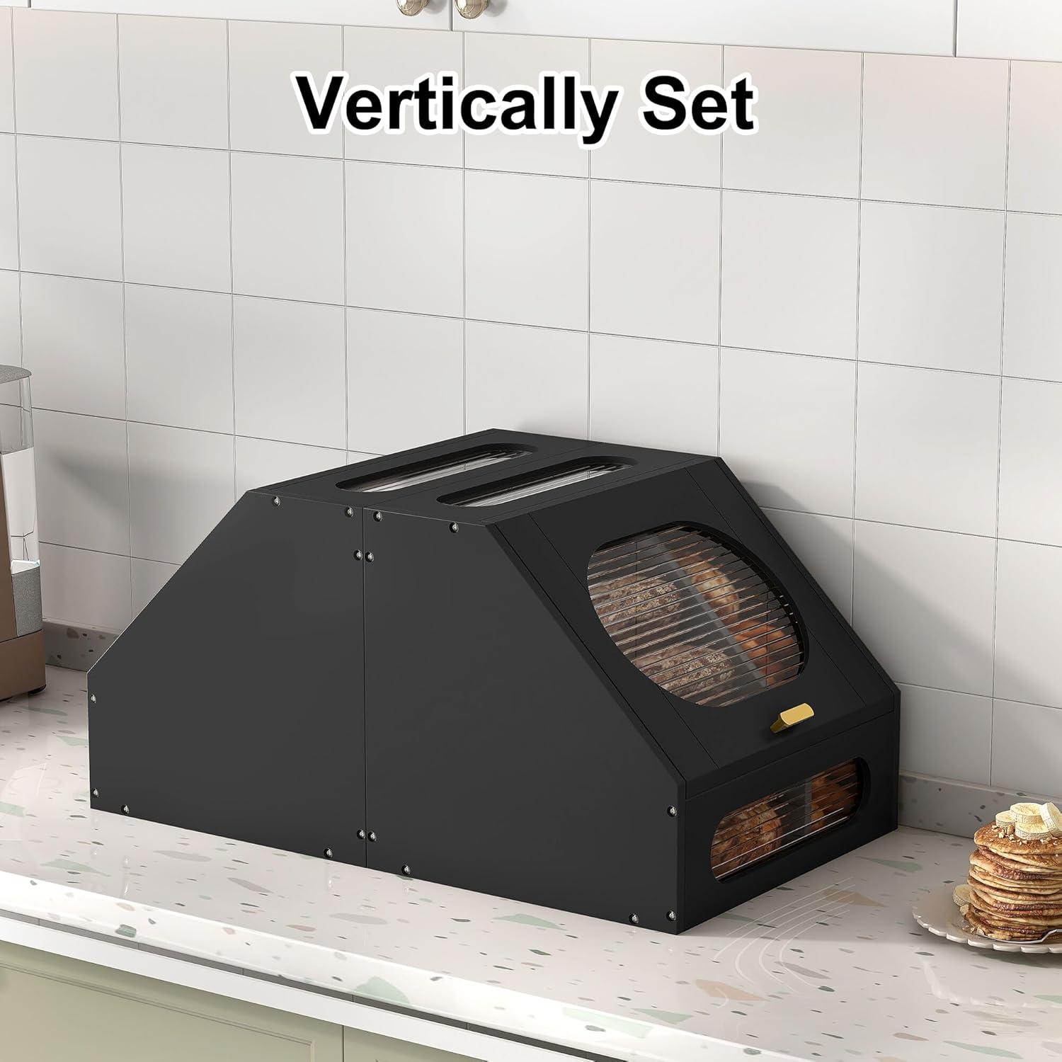 Hokku Designs Corner Bread Storage Container Double Layer Wooden Breadbox Homemade Bread Loaf Bin Farmhouse Coffee Bar Pantry Shelf With Acrylic Window, Black