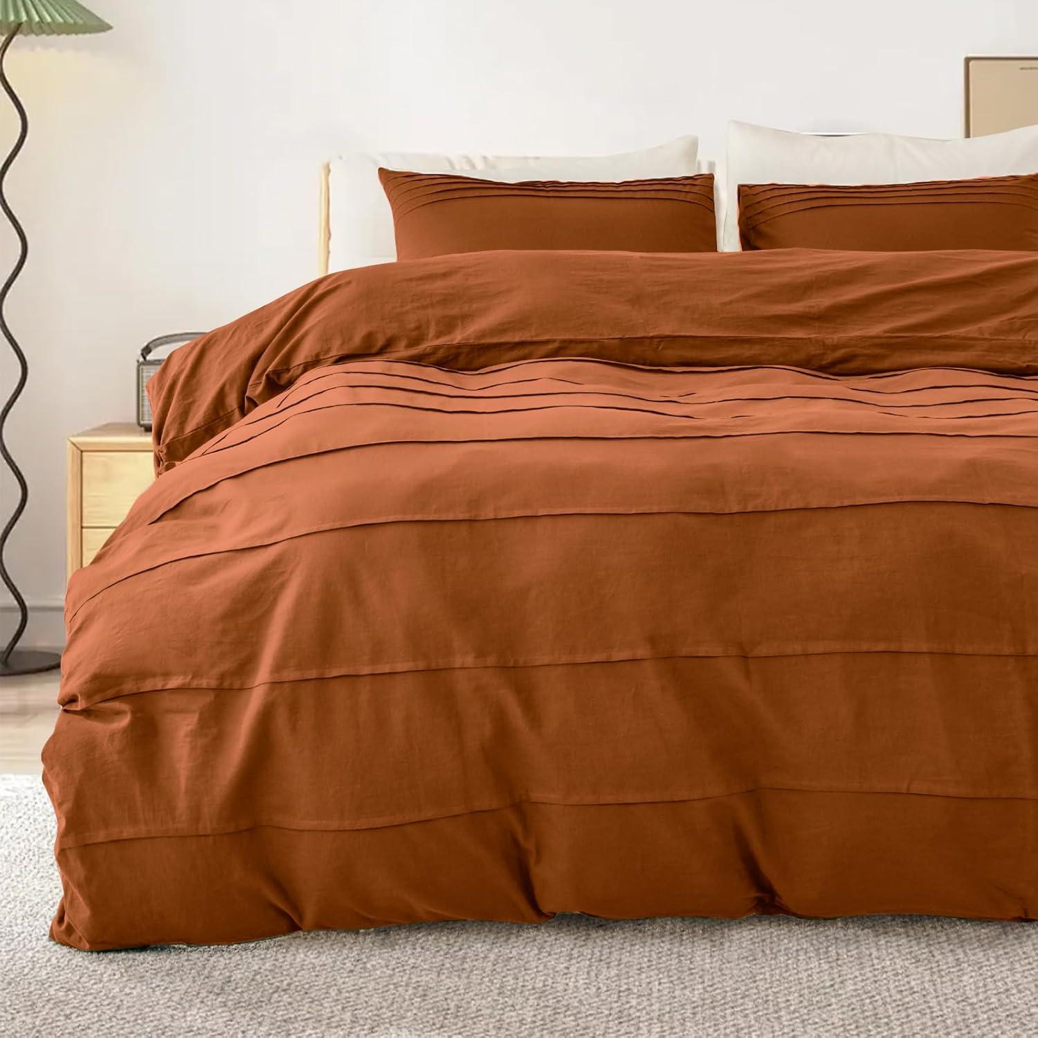 NEXHOME PRO Duvet Cover Set 100% Washed Cotton Oversized Queen 98"x98", Organic Natural Linen Look Textured 3 Pieces Bedding Set Apricot Yellow with Zipper Closure, Breathable, Soft (No Comforter)