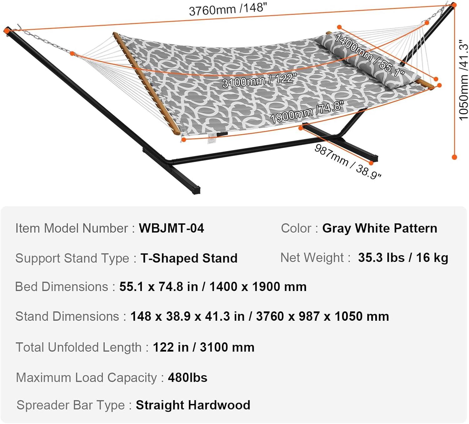 2 Person 12.3 ft Hammock with Stand Included Double Hammock with Curved Spreader Bar and Detachable Pillow
