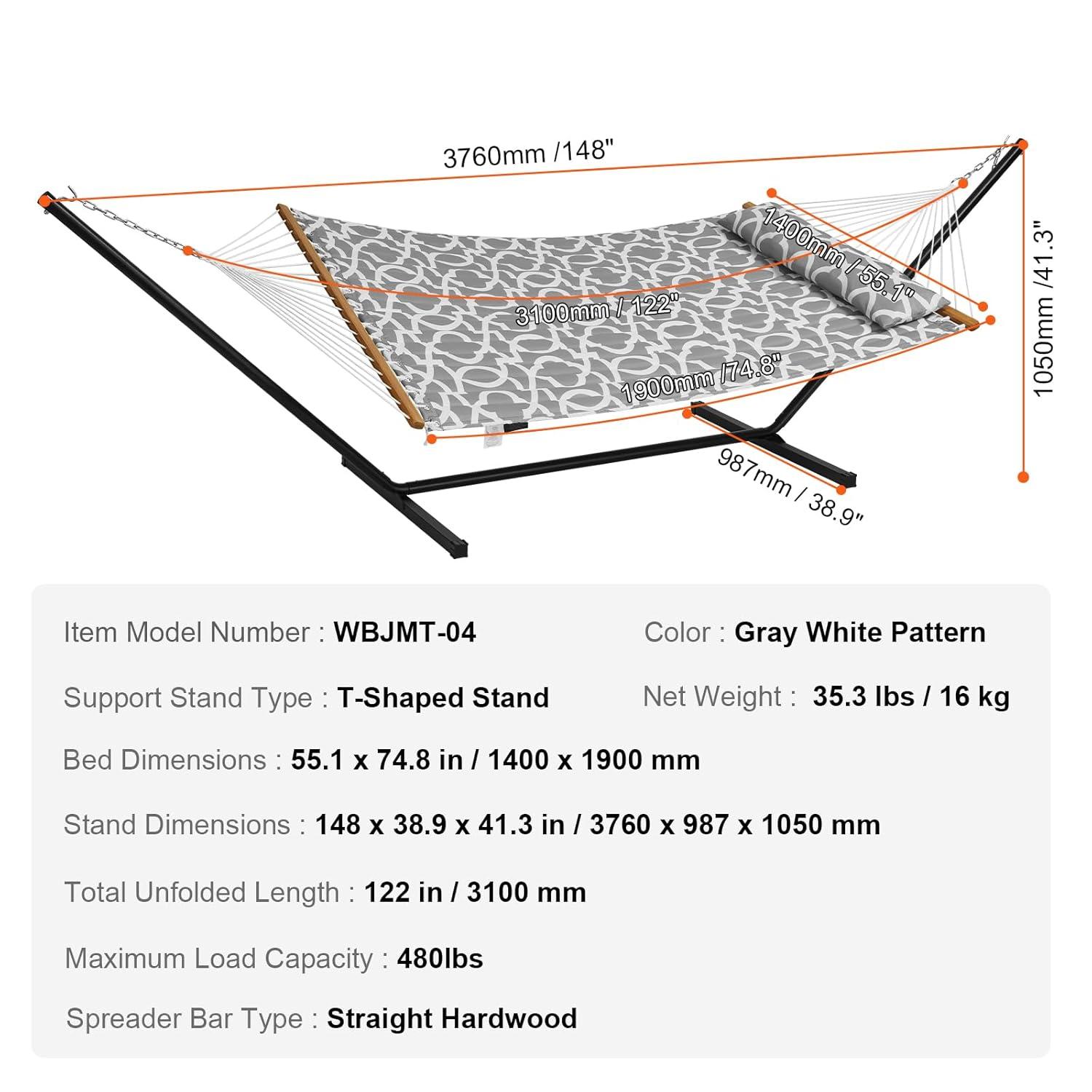 2 Person 12.3 ft Hammock with Stand Included Double Hammock with Curved Spreader Bar and Detachable Pillow