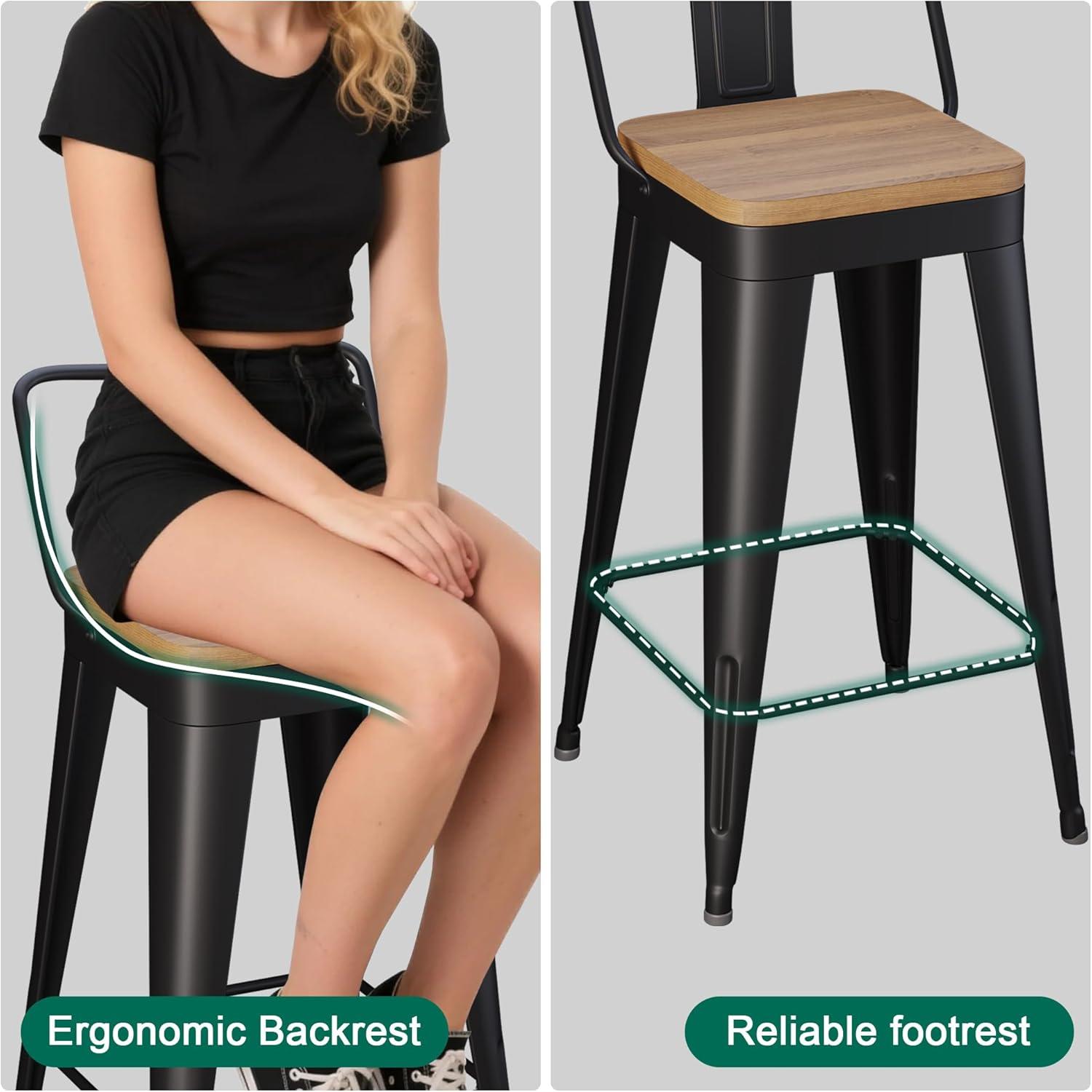 Bar Stools Set of 4 Metal Bar Stool Counter Height Bar Stools 26" Black Modern Bar Chairs with Back and Wooden Seat Bar Stools Counter Height