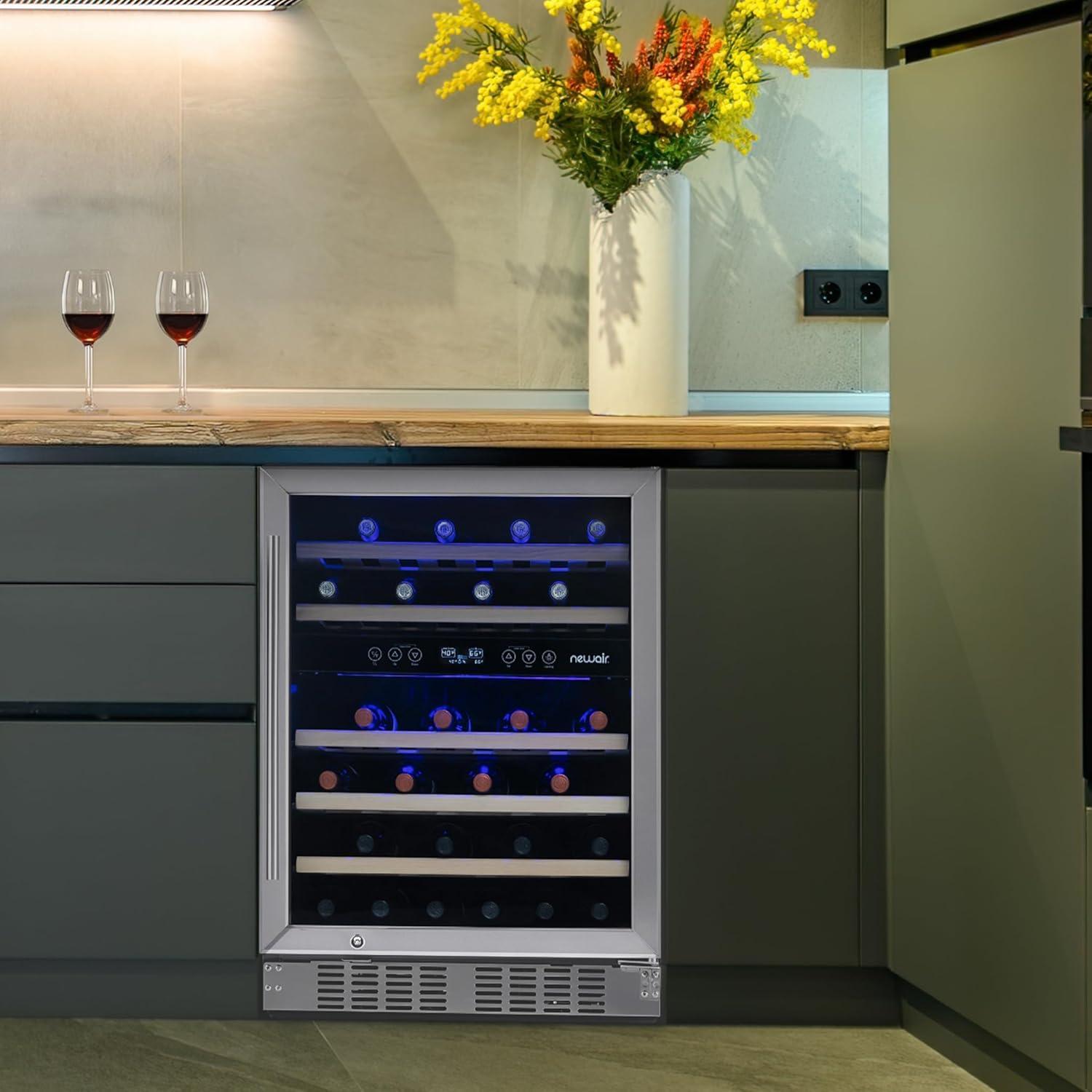 Newair 46 Bottle Dual Zone Built-in Wine Refrigerator with Beechwood Shelves and Recessed Kickplate