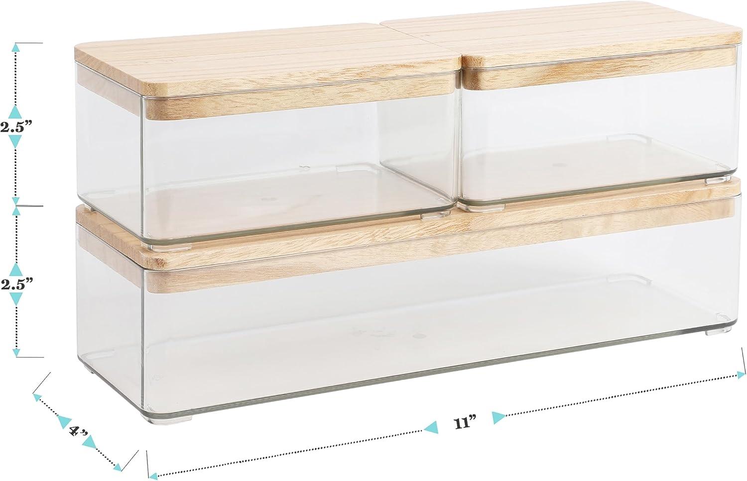 Clear Plastic Stackable Storage Boxes with Light Natural Paulownia Wood Lids, Set of 3