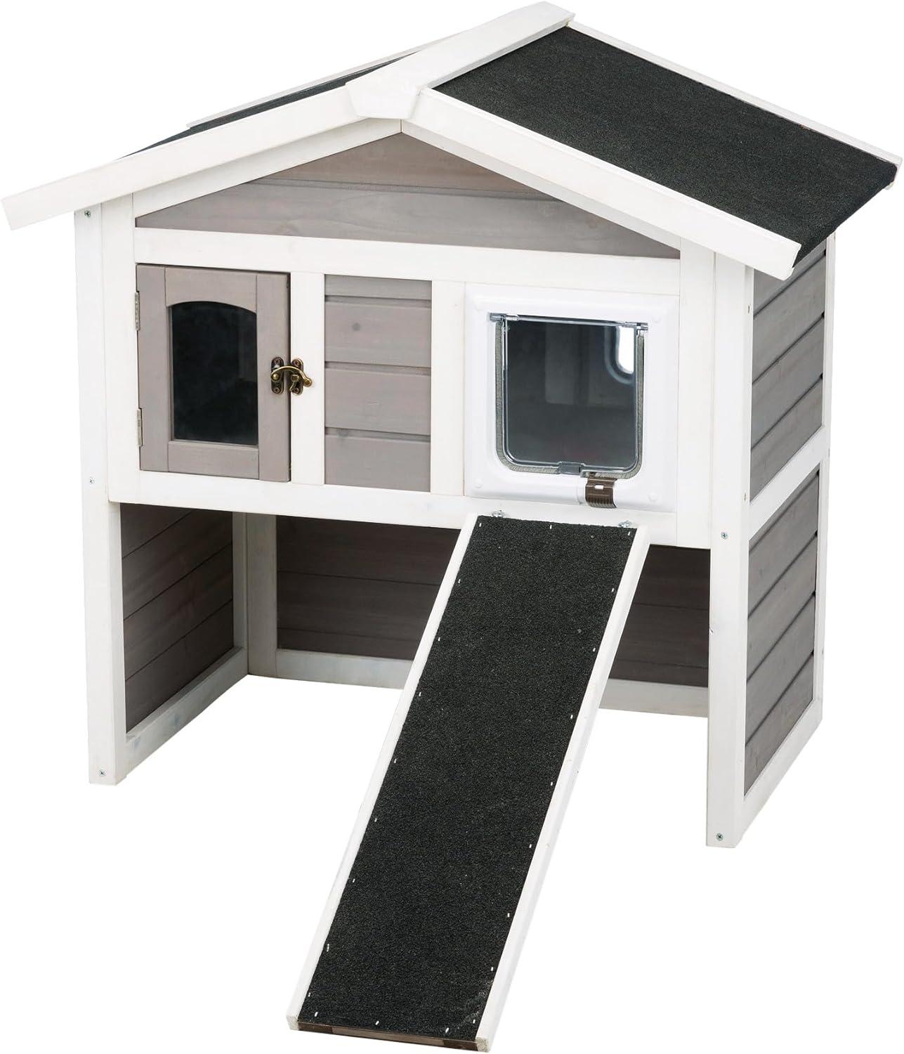 Gray and White 2-Story Insulated Outdoor Cat House with Ramp