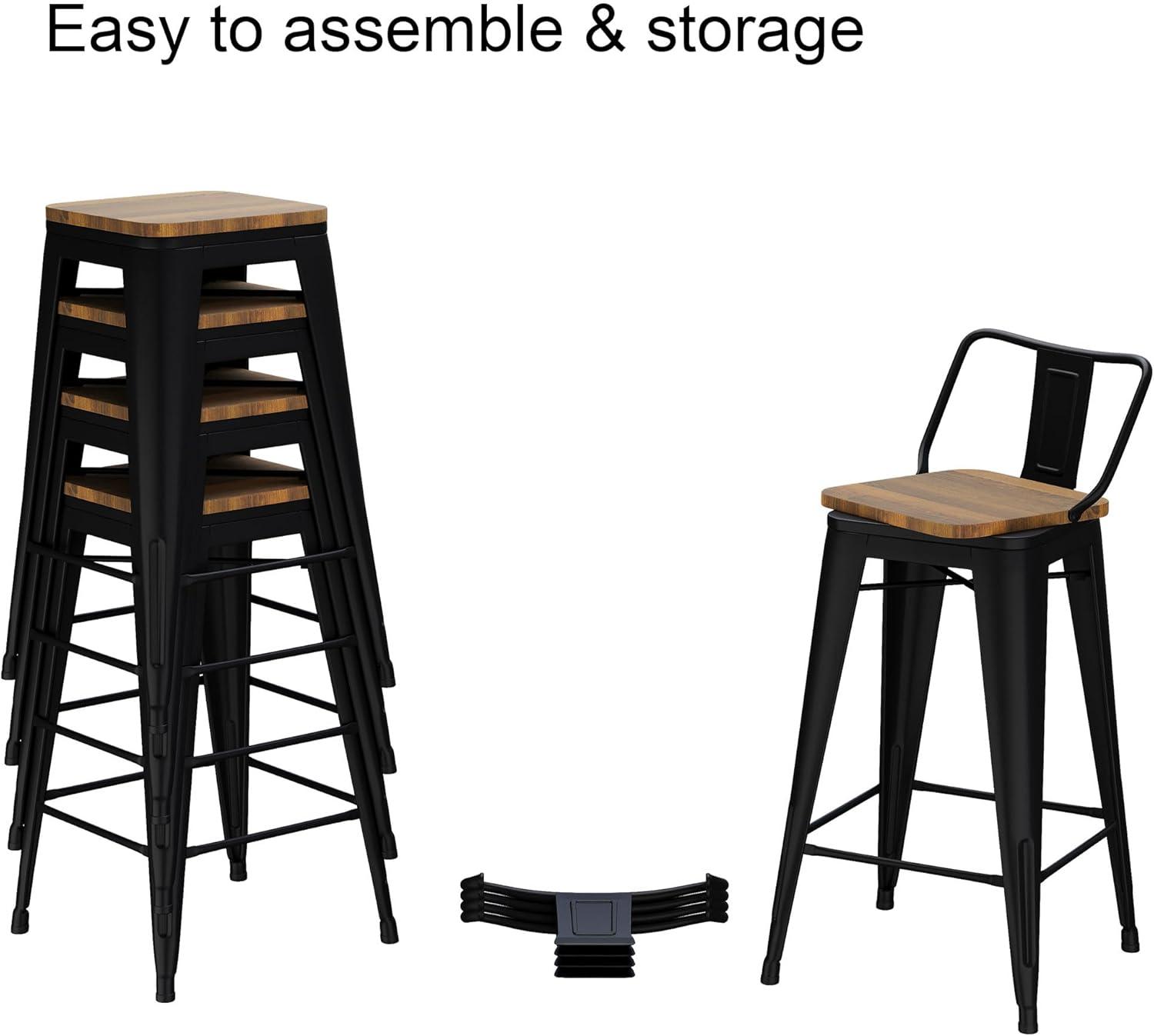 Industrial Black Metal Bar Stools with Wood Seats, Set of 4