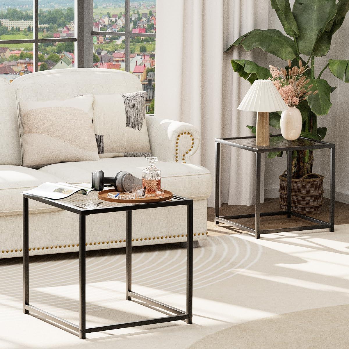 VILAWLENCE Coffee Table Set of 2, Modern Black Patterned Glass Side Table, Metal Frame Square End Table, Center Tables Nesting Coffee Table for Living Room,Bedroom and Small Spaces