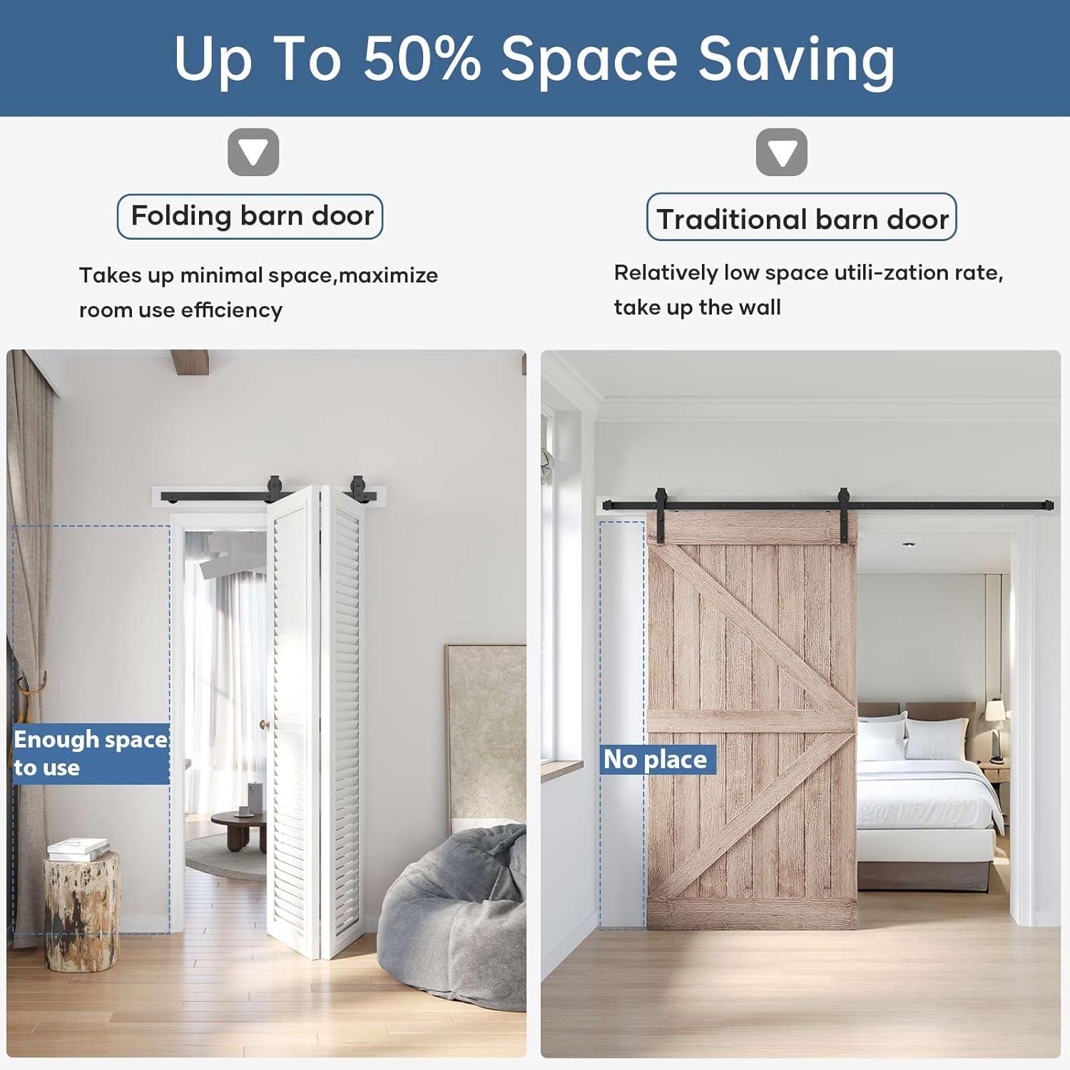 48 inch Bi-Folding Sliding Barn Door Hardware Track Kit, 4FT Black Roller Kit for 2 Doors, J Shape(No Door)