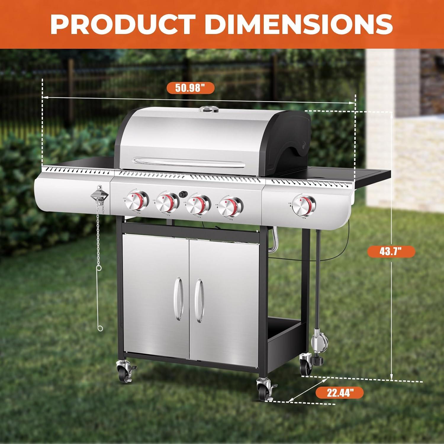 R.W.FLAME 4-Burner Propane Gas BBQ Grill with Side Burner & Cast iron grill net and baking pan, 42,000 BTU Stainless Steel Cabinet Style Propane Grill
