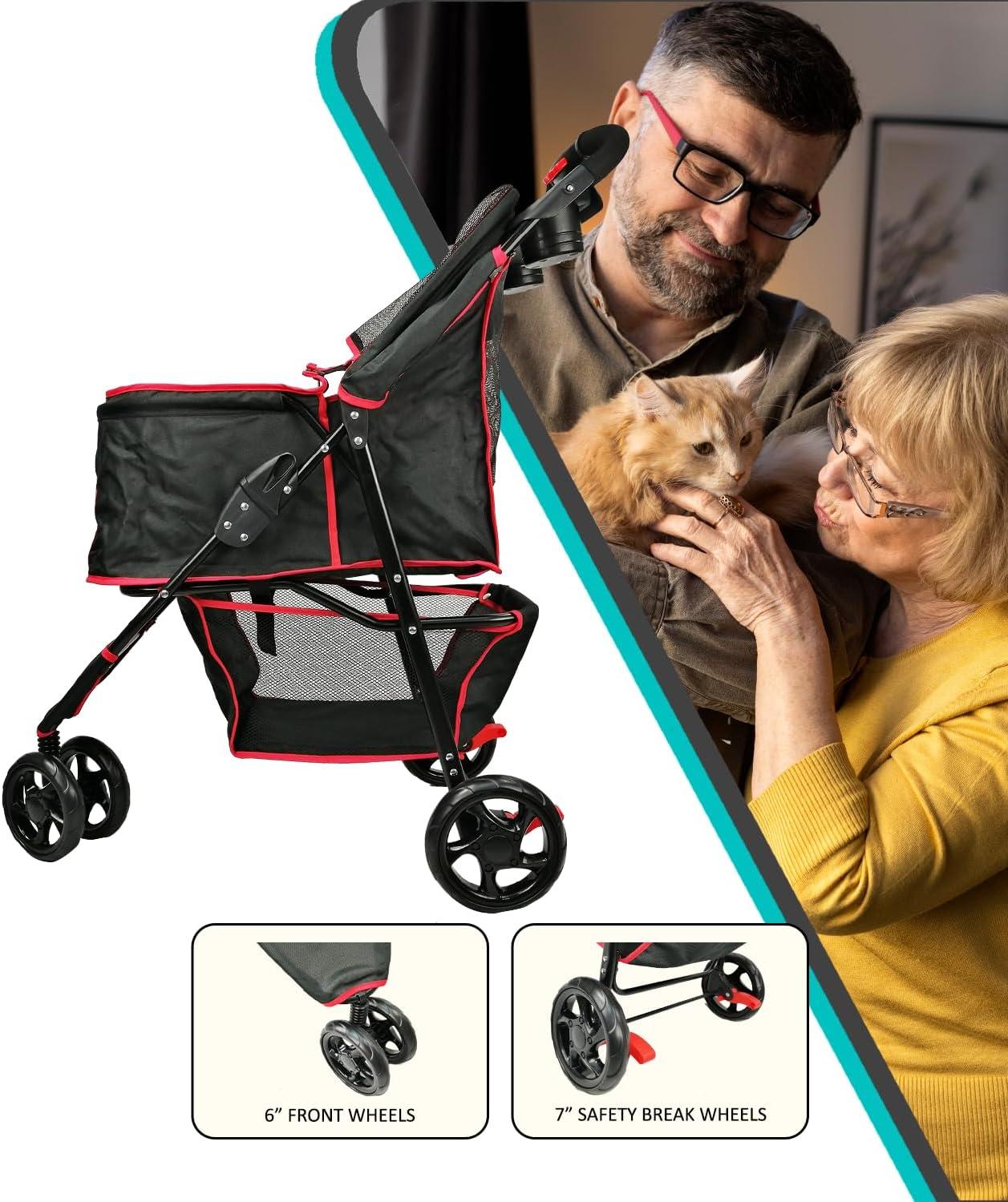 Black and Red Foldable Pet Stroller with Mesh Cover