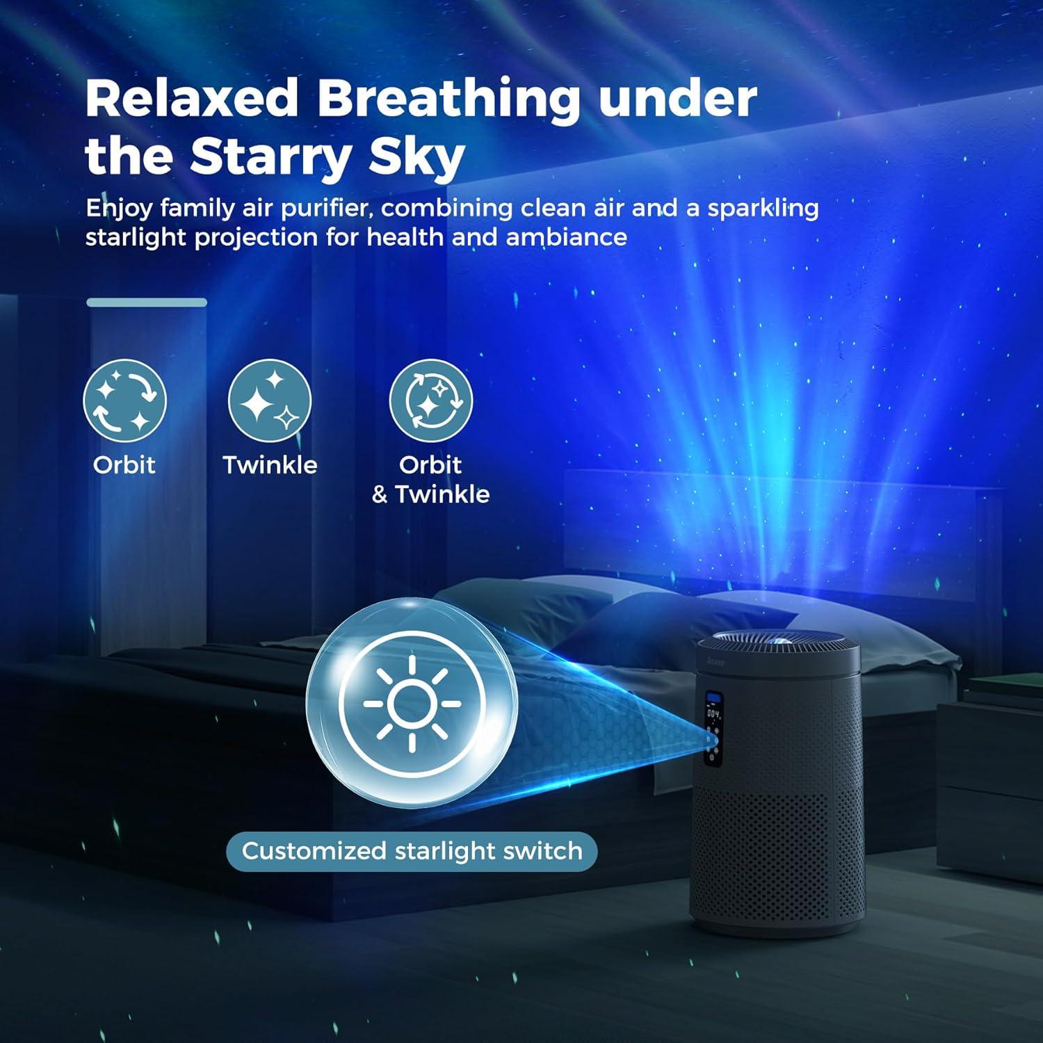AROEVE Air Purifier for Large Rooms up to 1,782 Sq. Ft. with Star Projector, Smart WiFi, Air Quality Sensor, UV Function, and Washable Filter for Whole Home Use for a Cozy Holiday, MK09W Black
