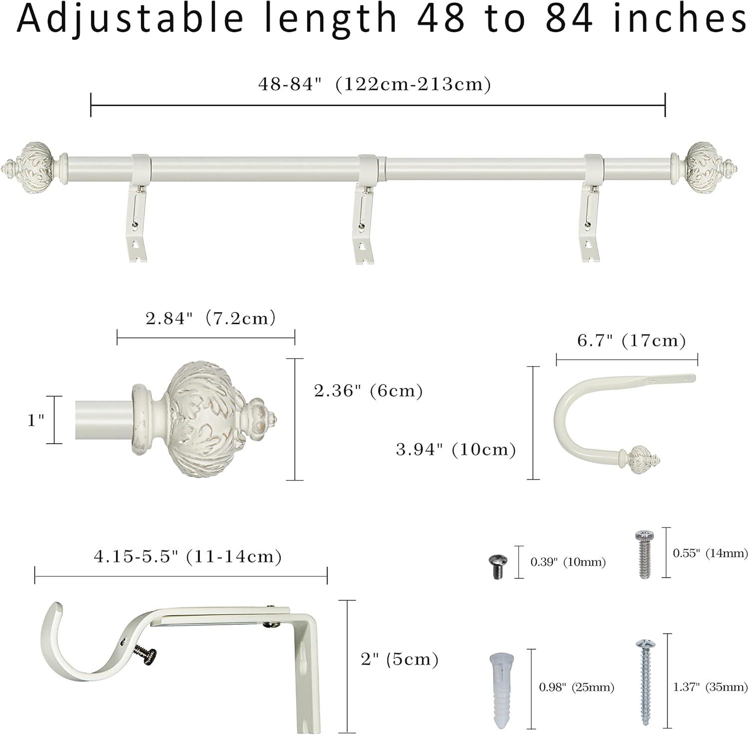 eTeckram 1" Curtain Rod with Albert Finials - 48" to 84", Weathered White