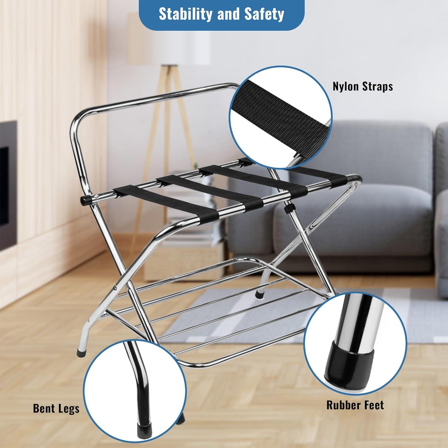 Chrome Foldable Luggage Rack with Nylon Straps and Rubber Feet