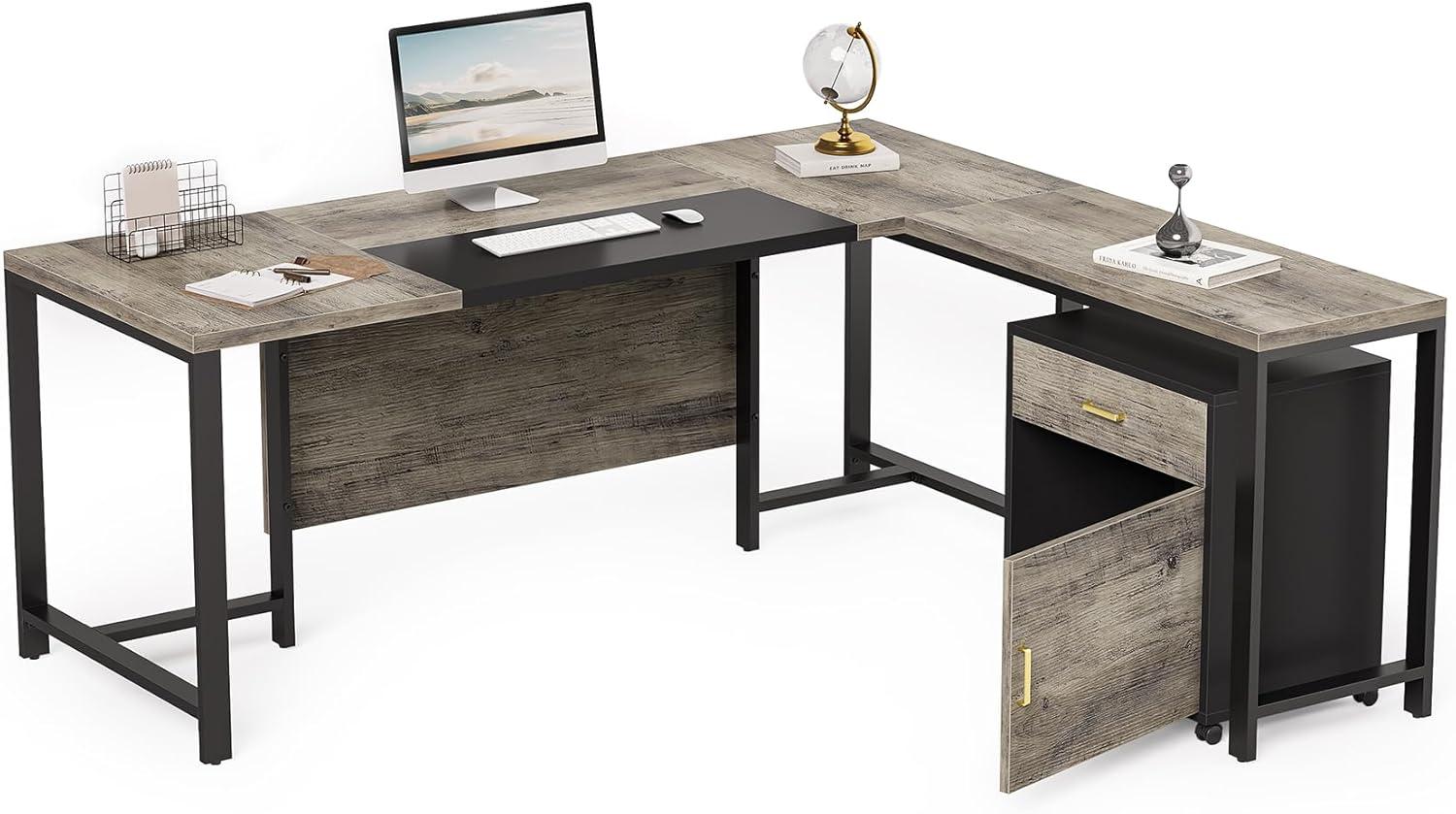 Tribesigns 70.8" Executive Desk with 55" File Cabinet, Industrial L Shaped Computer Desk, Large Executive Desk for Home Office, Walnut & White