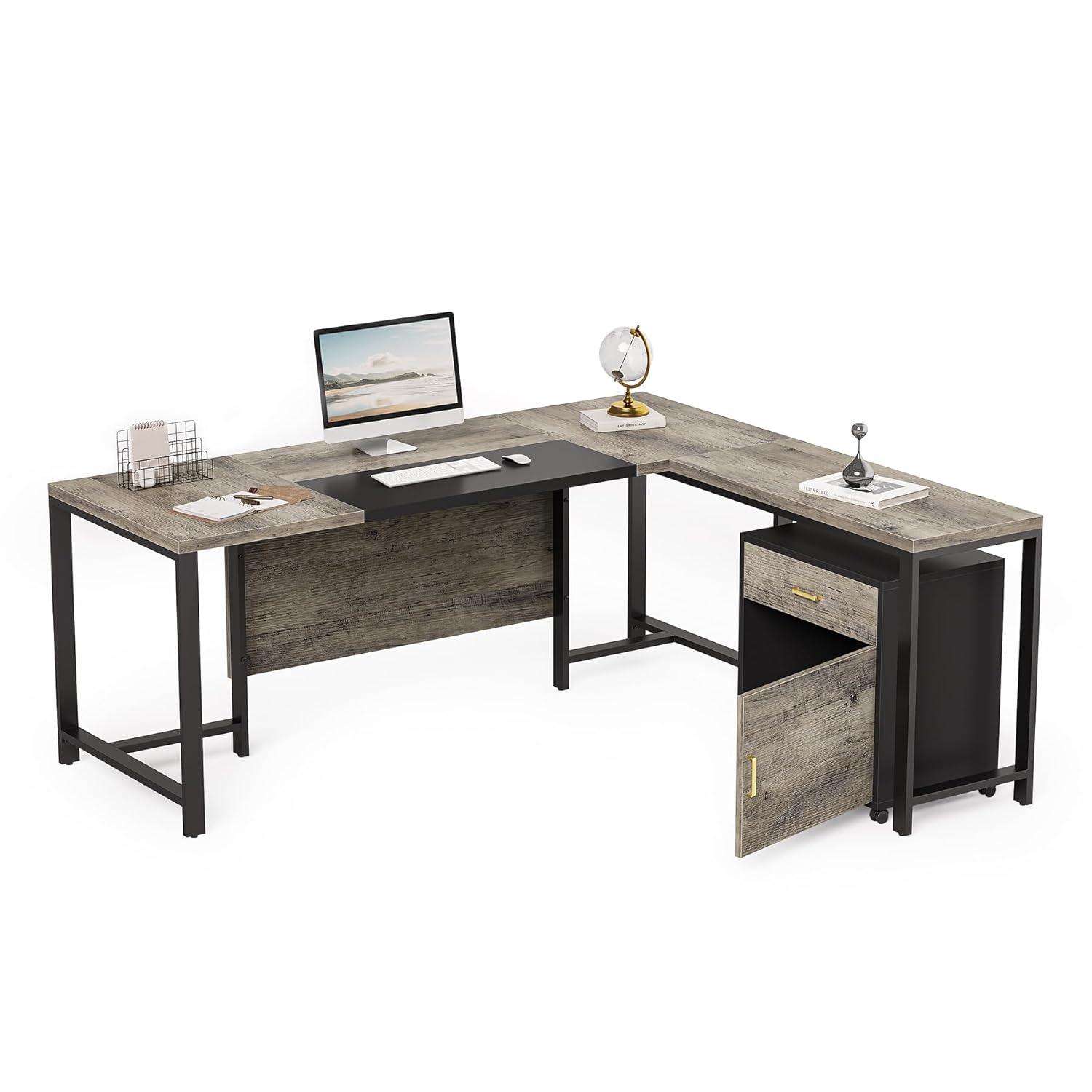 Tribesigns 70.8" Executive Desk with 55" File Cabinet, Industrial L Shaped Computer Desk, Large Executive Desk for Home Office, Walnut & White